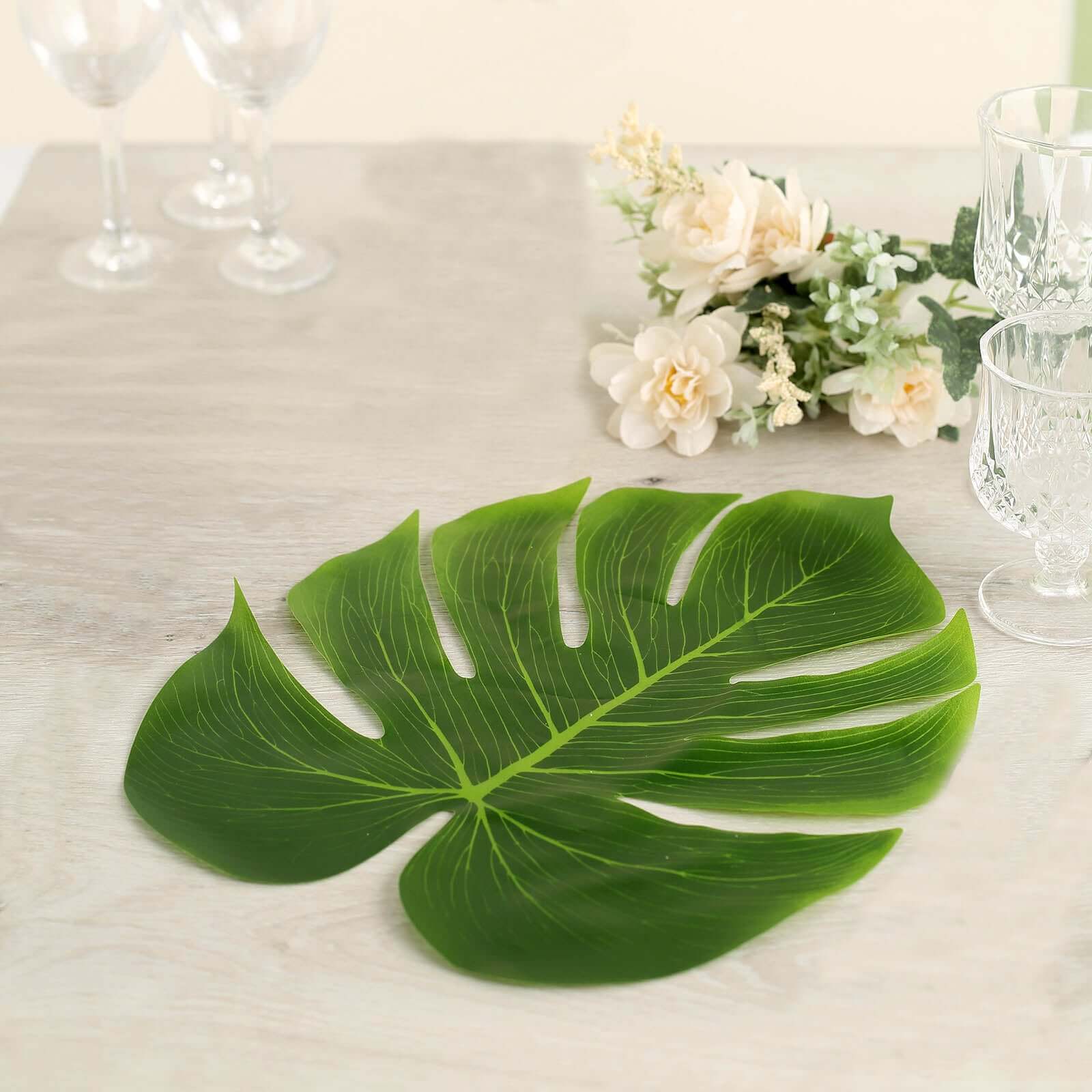 12-Pack Artificial Monstera Palm Leaves Green - Large Tropical Leaf Placemat Table Runner Decor for Summer Hawaiian Safari Theme Parties