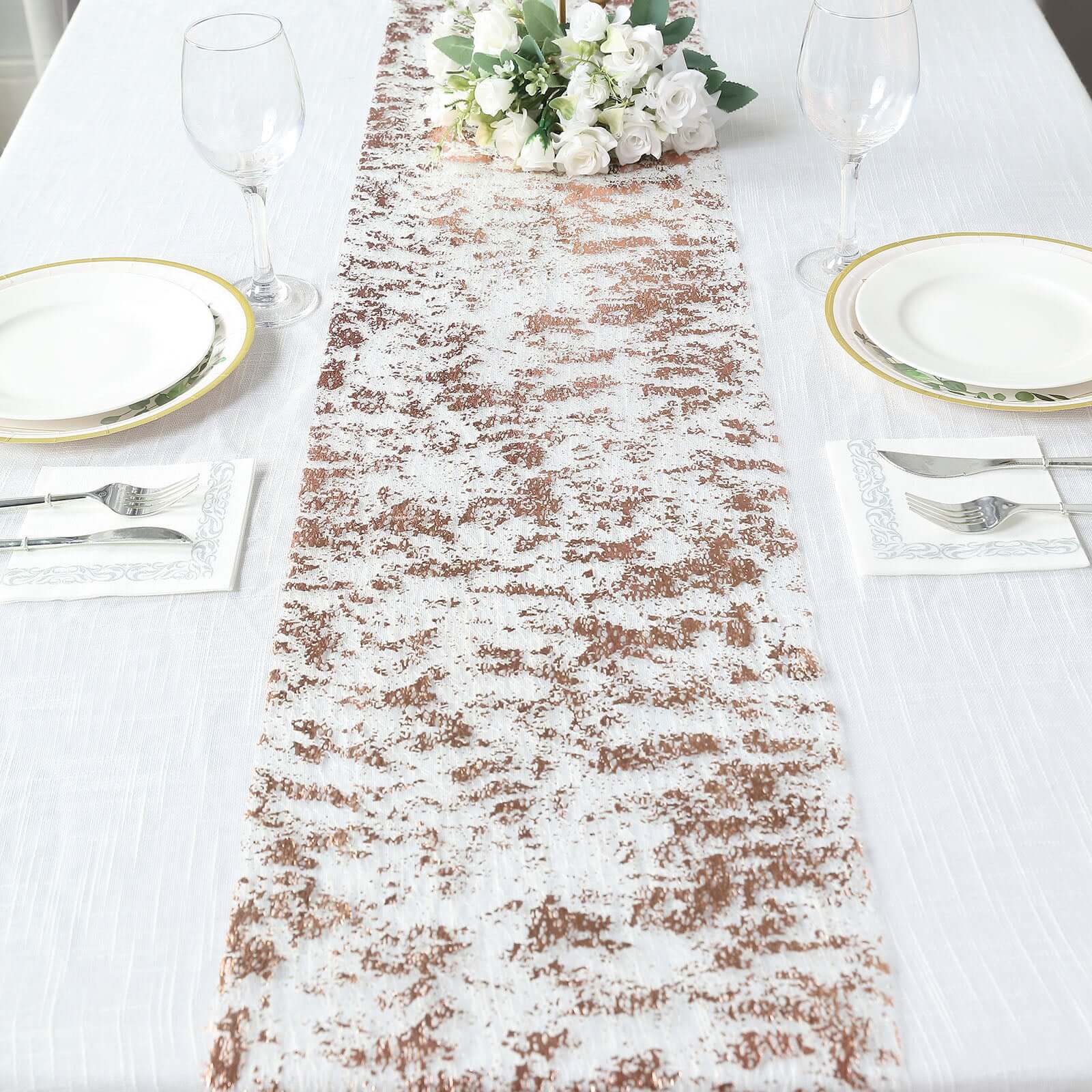 Mesh Polyester 108 Table Runner Roll Metallic Rose Gold - Distressed Foil Look Disposable Table Decor