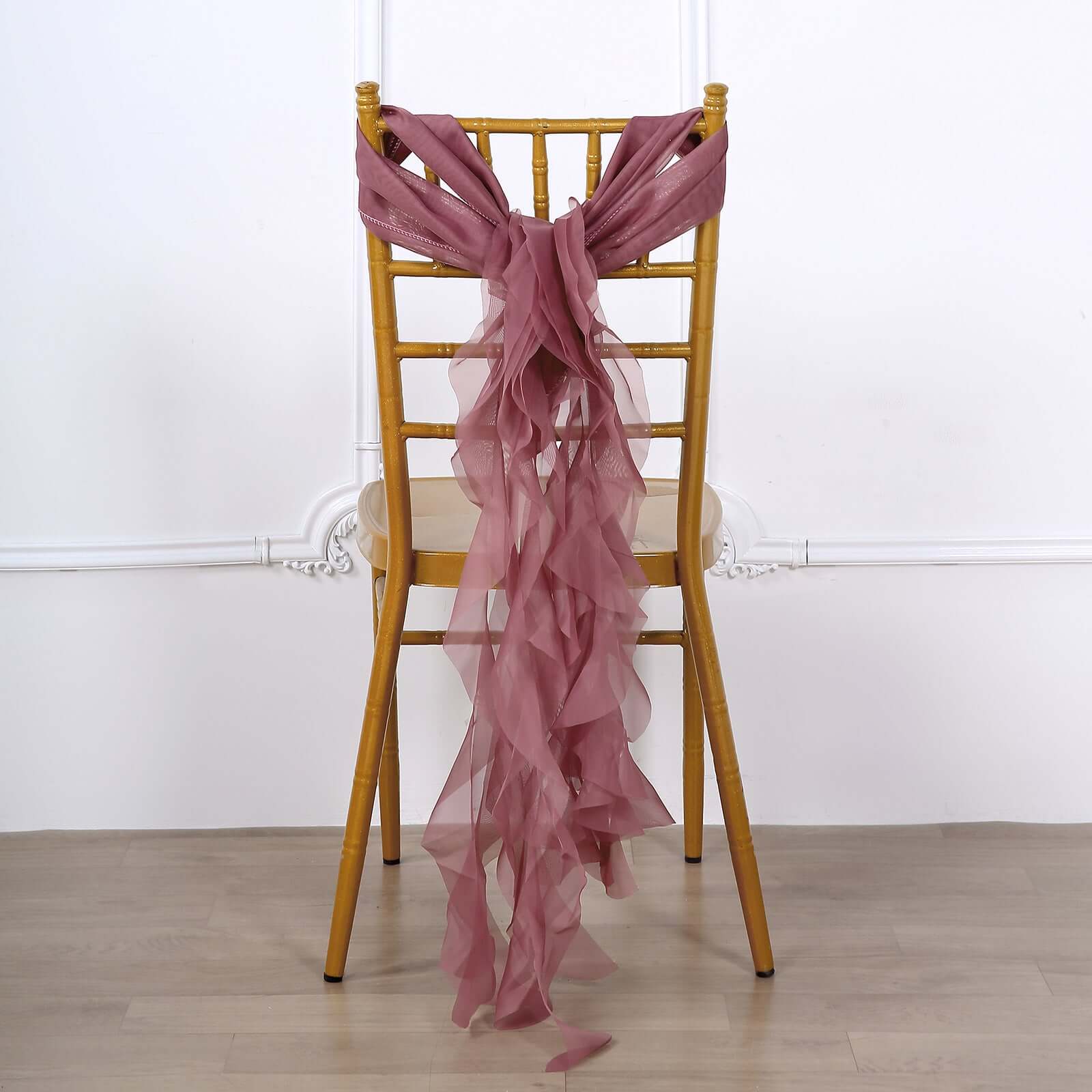 1 Set Chiffon Hoods Chair Sashes with Willow Ruffles Design Mauve Cinnamon Rose - Stylish Chair Bow Decor