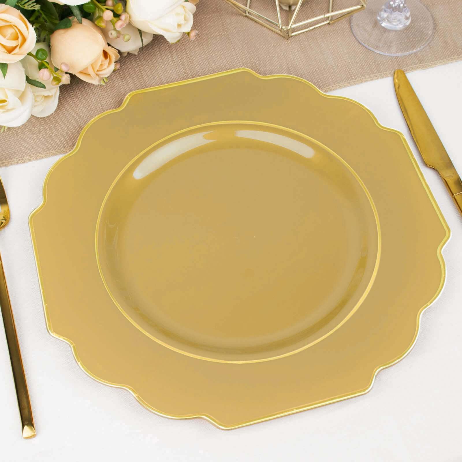 10-Pack Plastic Dinner Plates in Gold Baroque Design with Scalloped Gold Rim - Heavy Duty Disposable Party Plates for Events & Banquets 11