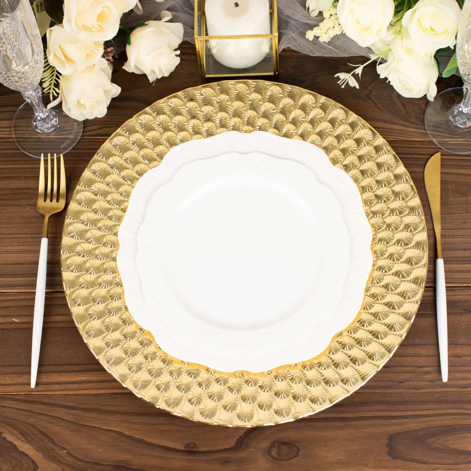 6-Pack Plastic Round Charger Plates 13 in Gold with Peacock Pattern, Exquisite Decorative Dinner Party Charger Tableware