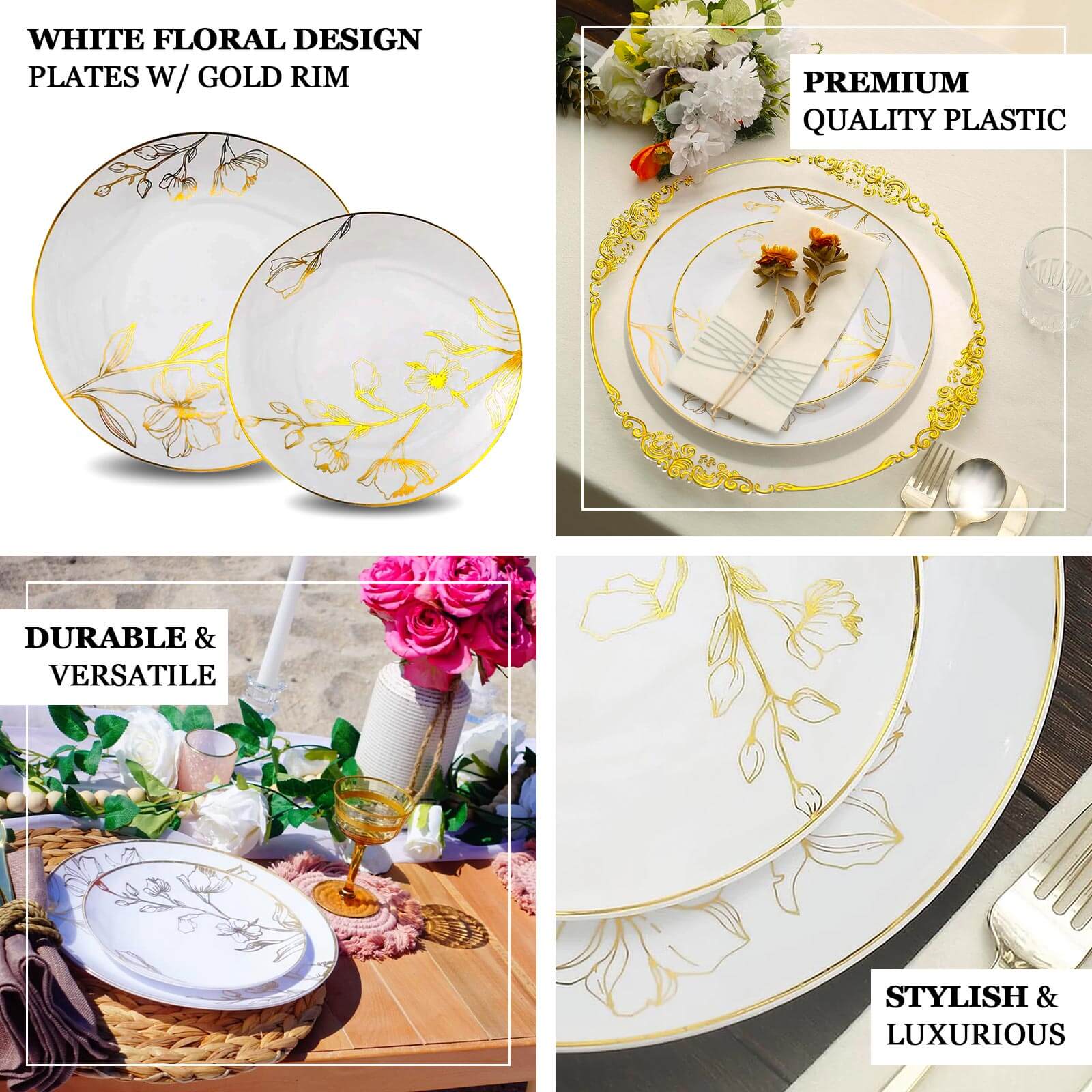 Set of 20 Plastic Round Dinner and Dessert Plates in White with Metallic Gold Floral Design - Stylish Disposable Dinnerware for Banquets & Special Occasions 8, 10