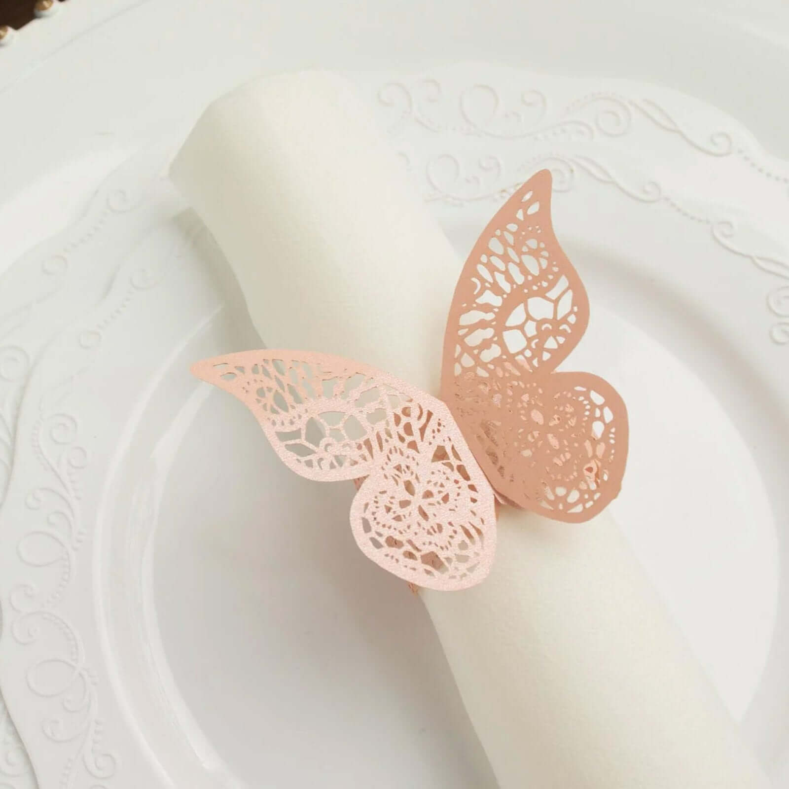 12-Pack Paper Napkin Rings Laser Cut Butterfly Blush Shimmery - Decorative Serviette Holders