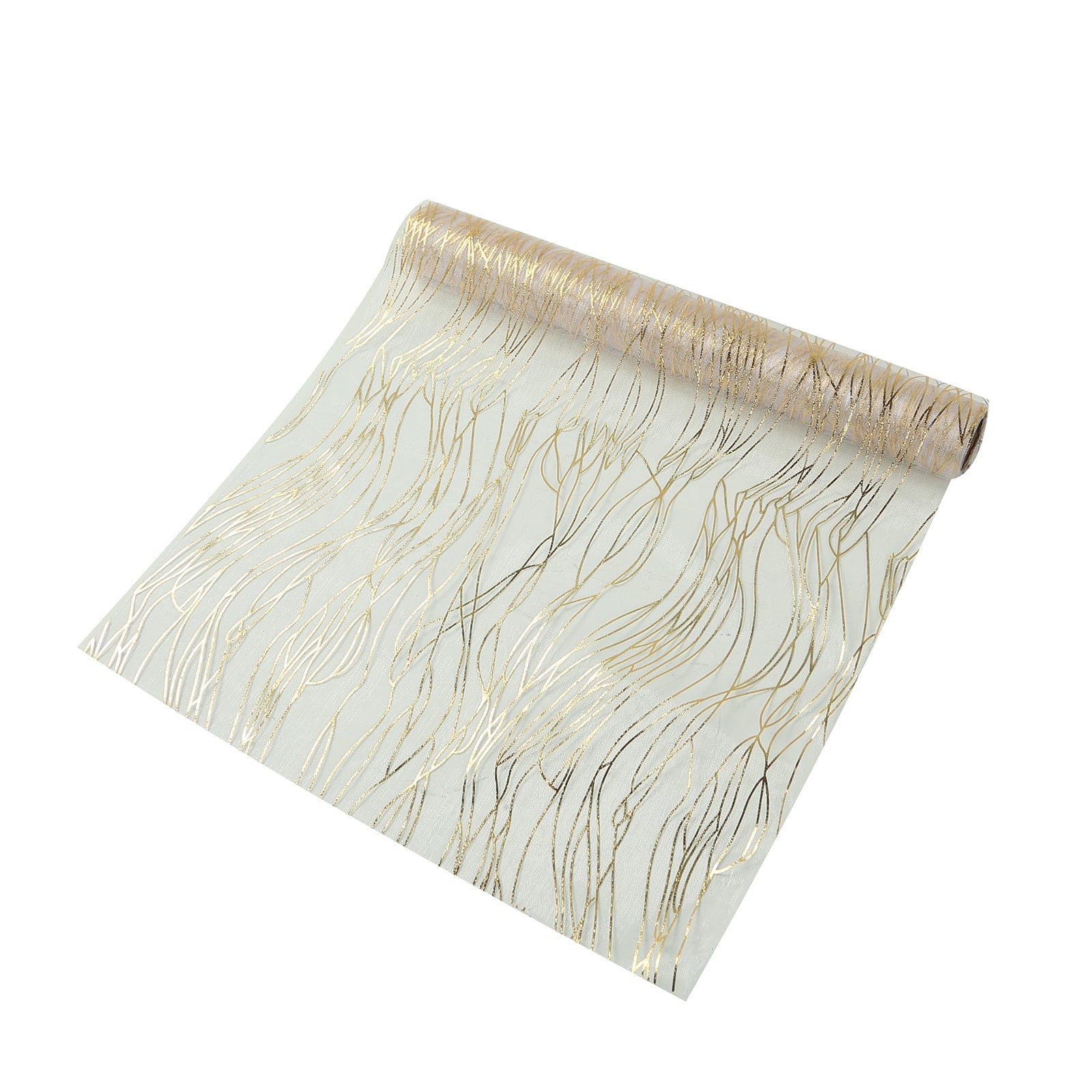 5 Pack Organza 12x108 Table Runners White with Gold Foil Wave Design - Disposable Stylish Event Decoration