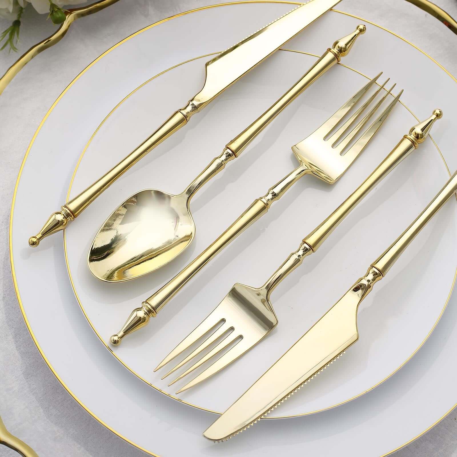 24-Pack Plastic Utensil Set with Roman Column Handle Gold - Disposable Silverware for Events