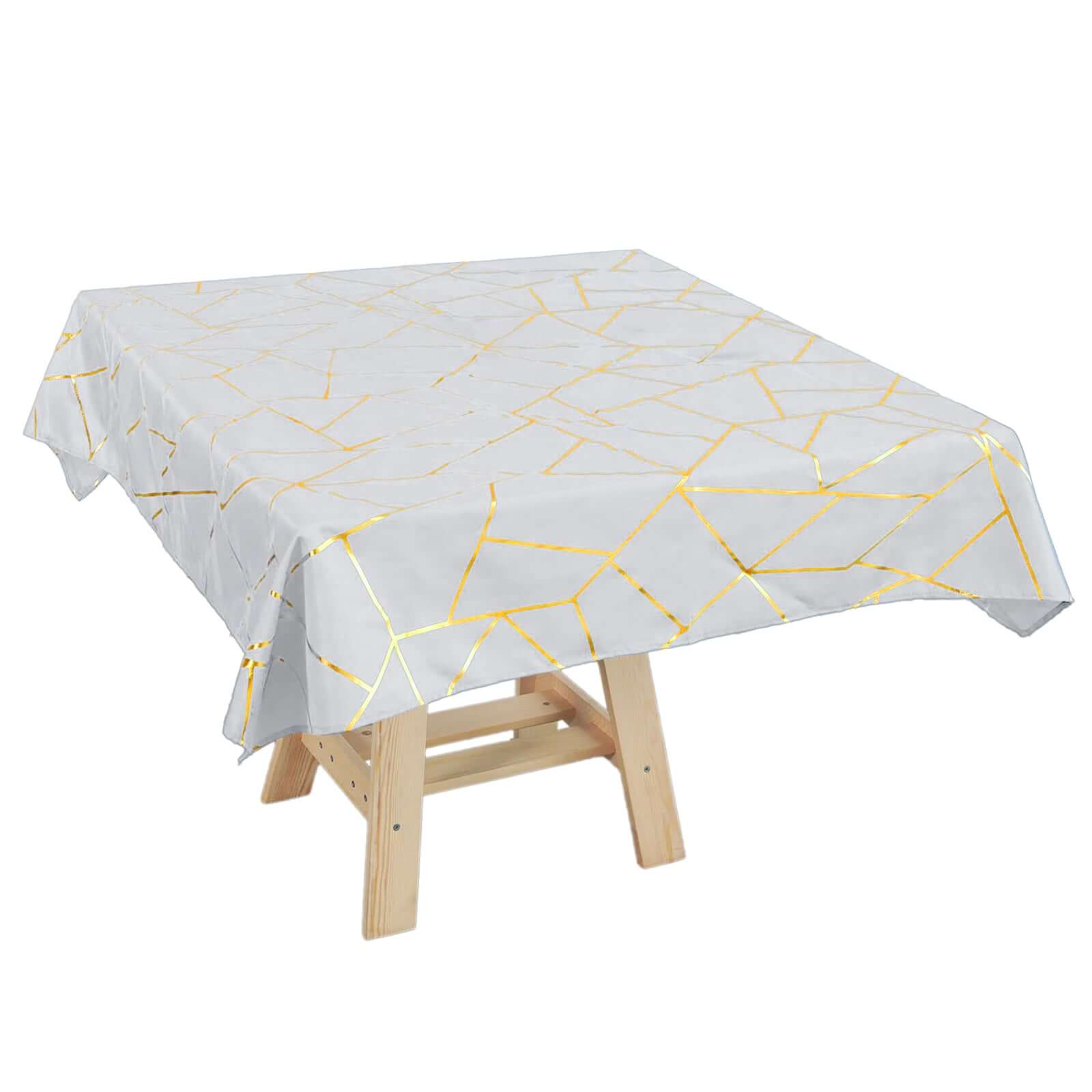 Polyester 54x54 Square Tablecloth Silver with Gold Foil Geometric Pattern - Wrinkle-Resistant & Durable for Stylish Settings