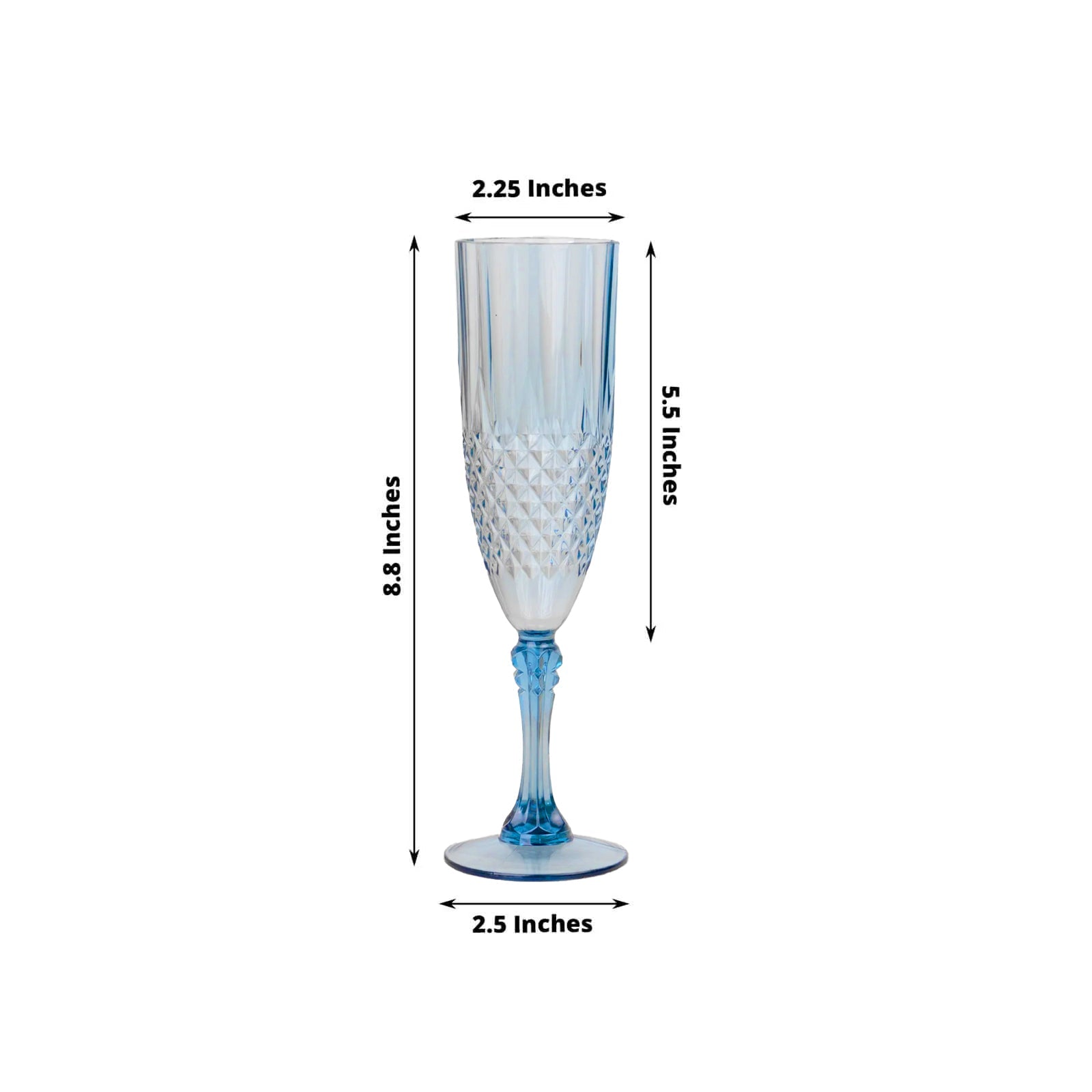 6-Pack Plastic Wedding Toast Flutes Dusty Blue Transparent Crystal Cut Style - Reusable Champagne Glasses 8oz