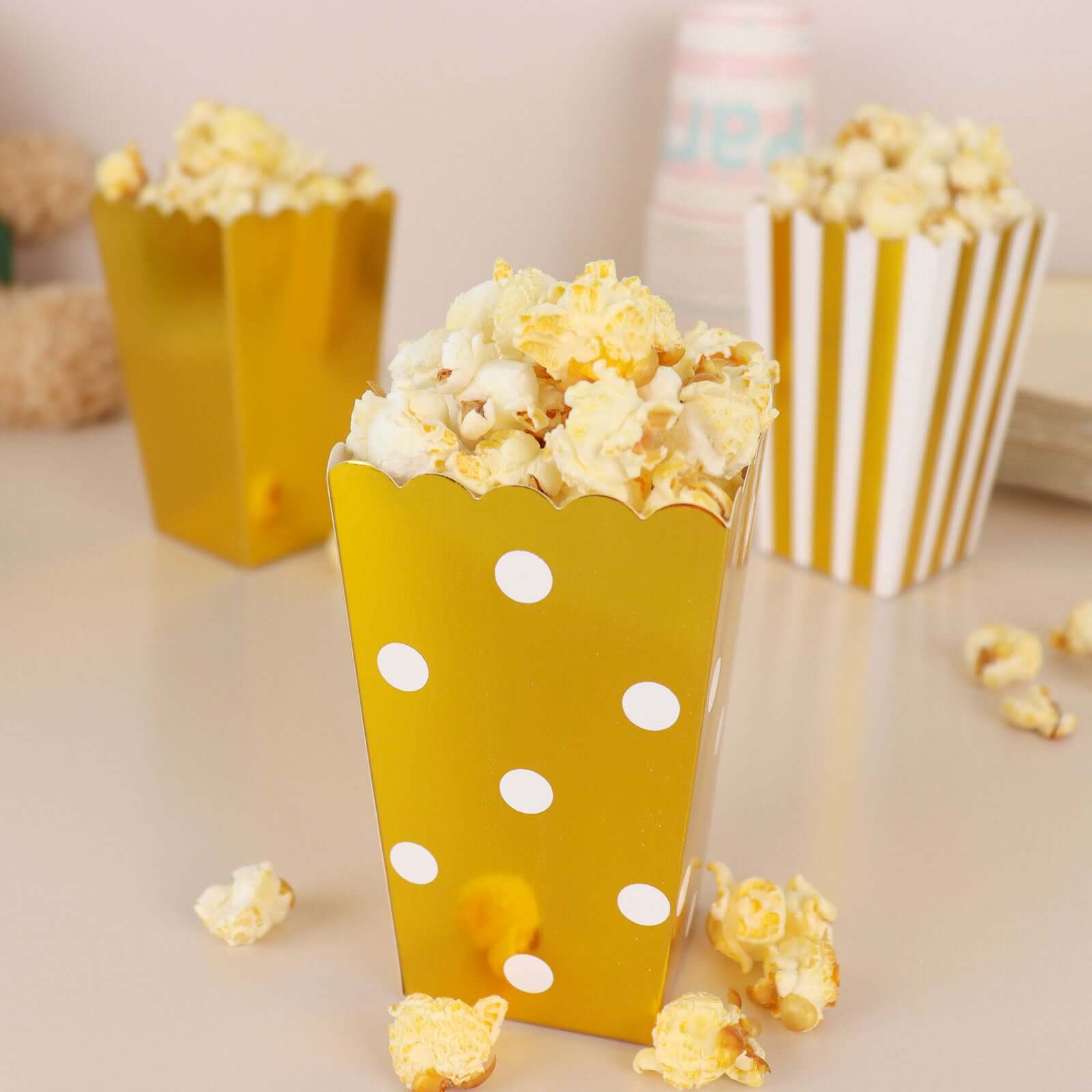 36 Pack 5 White Gold Design Mini Paper Popcorn Boxes, Candy Favor Disposable Bags - Stripe, Polka Dot, Solid Style