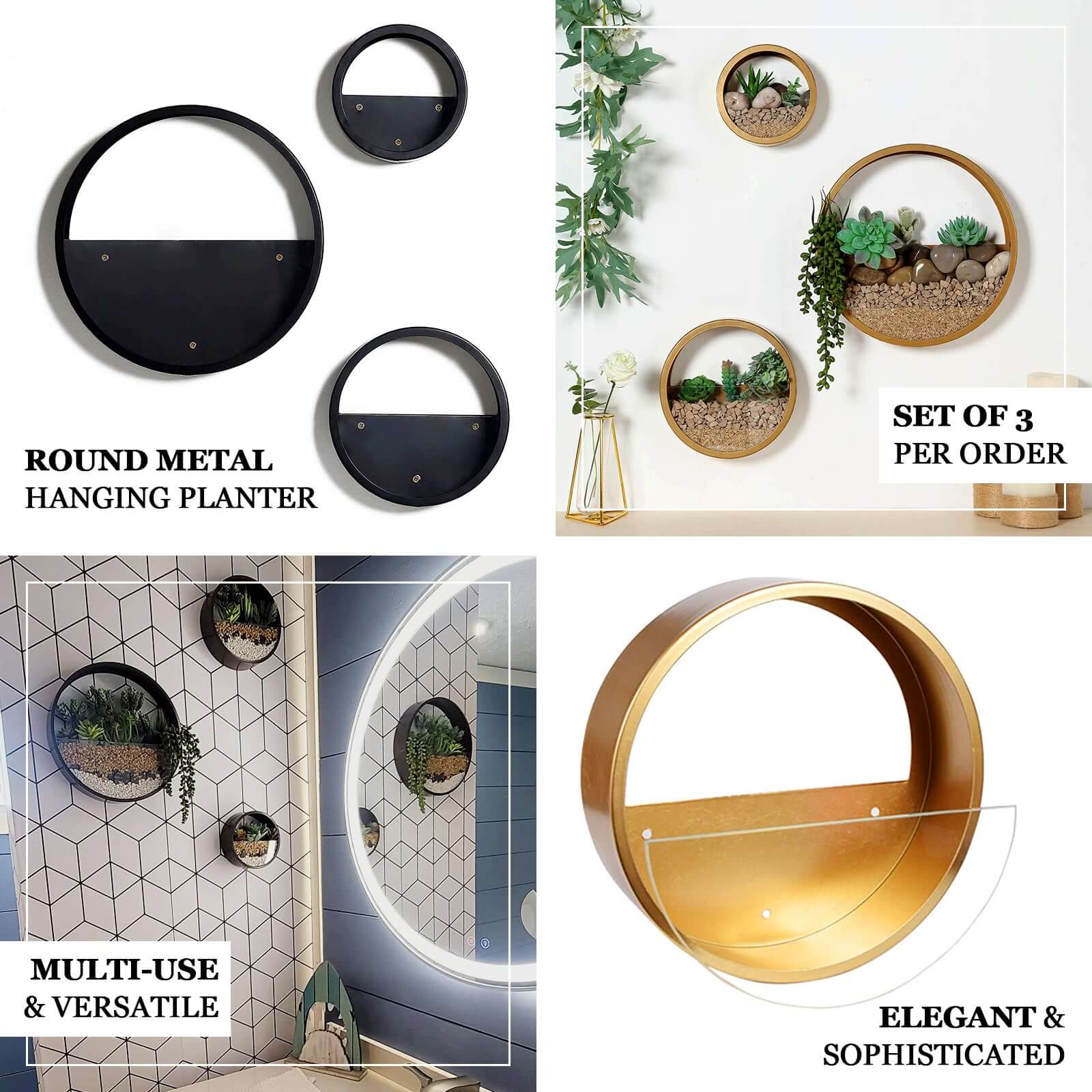 Set of 3 Black Half Moon Wall Planters, Round Metal Wall Hanging Planter, Modern Indoor Outdoor Terrarium - 6,8,12