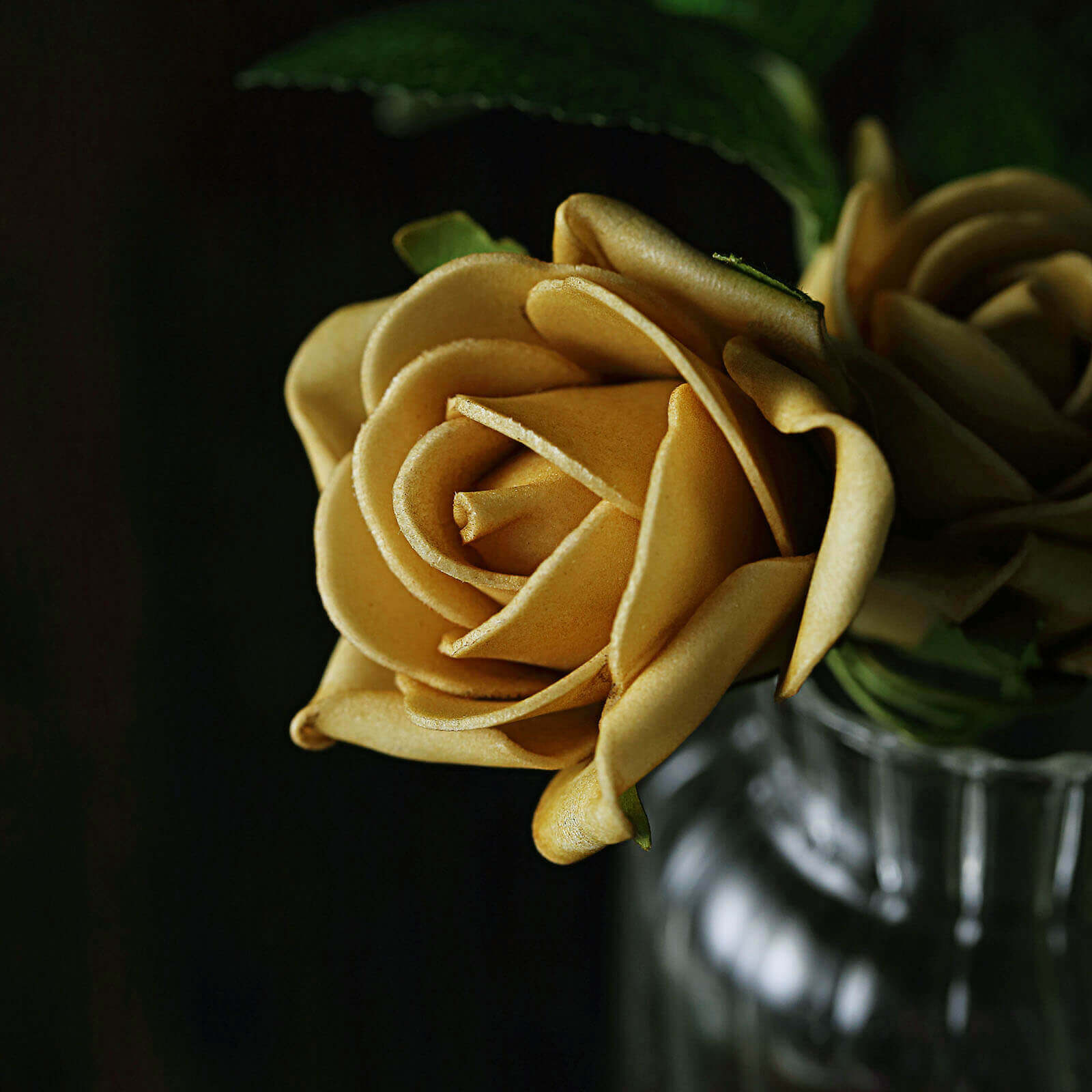 24 Roses 2 Gold Artificial Foam Flowers With Stem Wire and Leaves