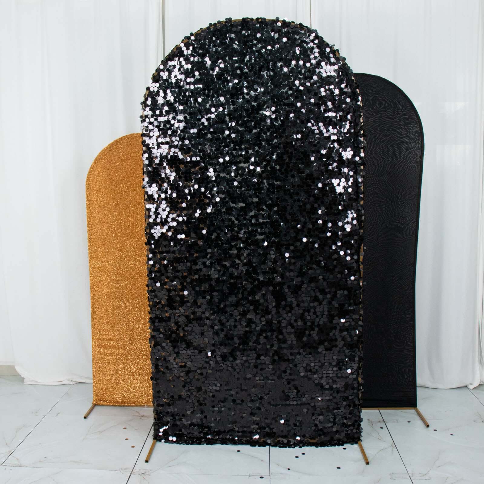 Set of 3 Black Gold Round Top Fitted Wedding Arch Frame Covers, Big Payette Sequin, Shimmer Tinsel and Matte Spandex Backdrop Stand Covers