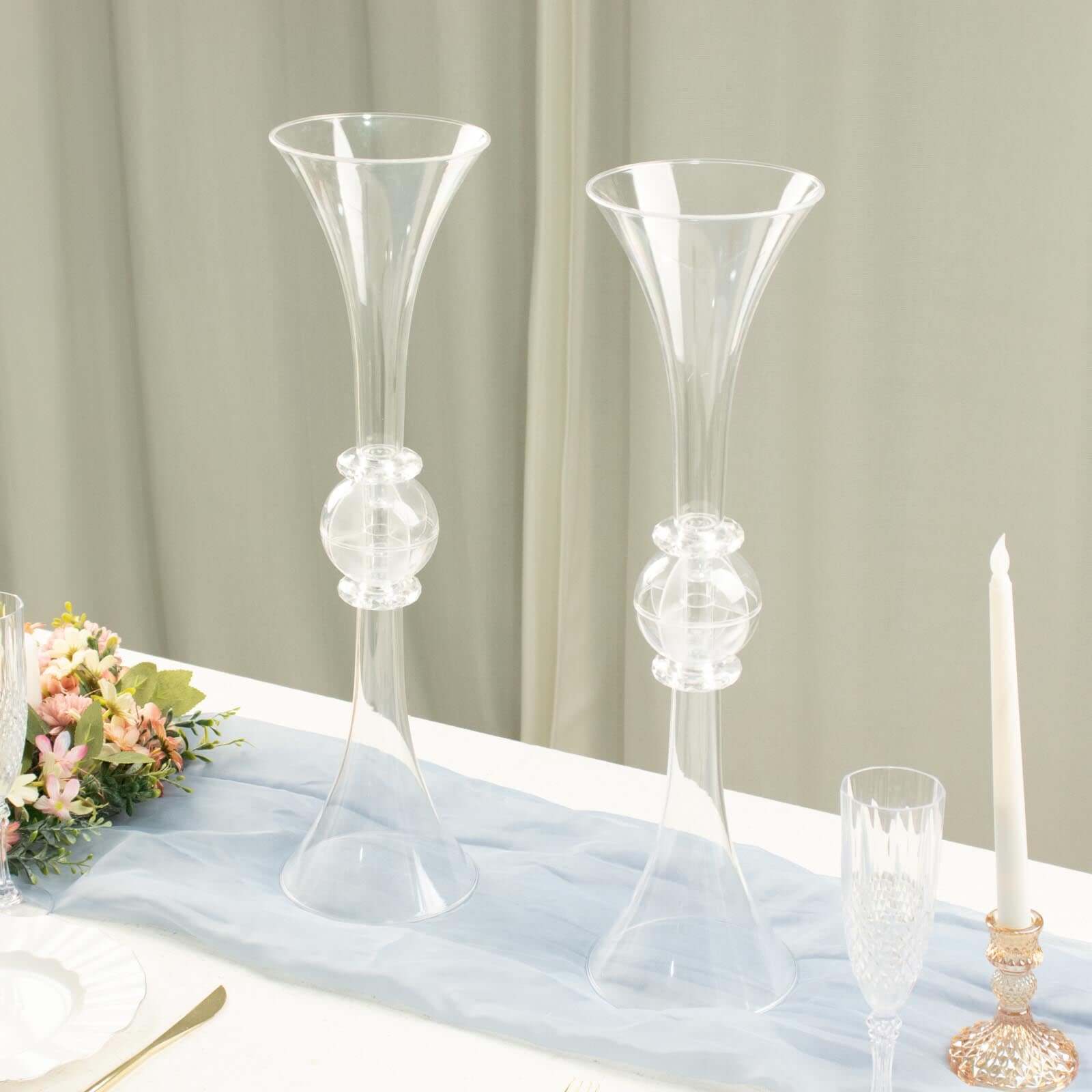 2-Pack Flower Vases Trumpet Design with Crystal Embellishments Clear - Reversible Plastic Table Centerpieces 21