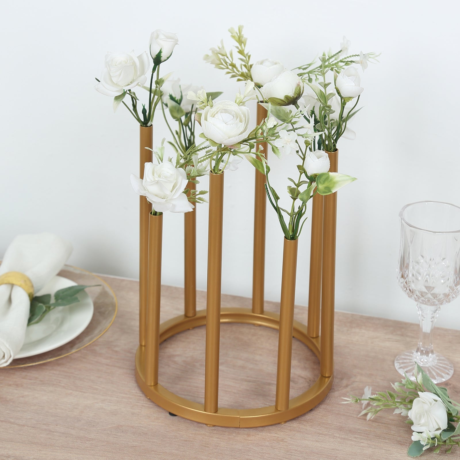 Flower Vase Gold Metal Minimalist 8-Tubes Round Base Design - Single Stem Bud Centerpiece for Arrangements 10