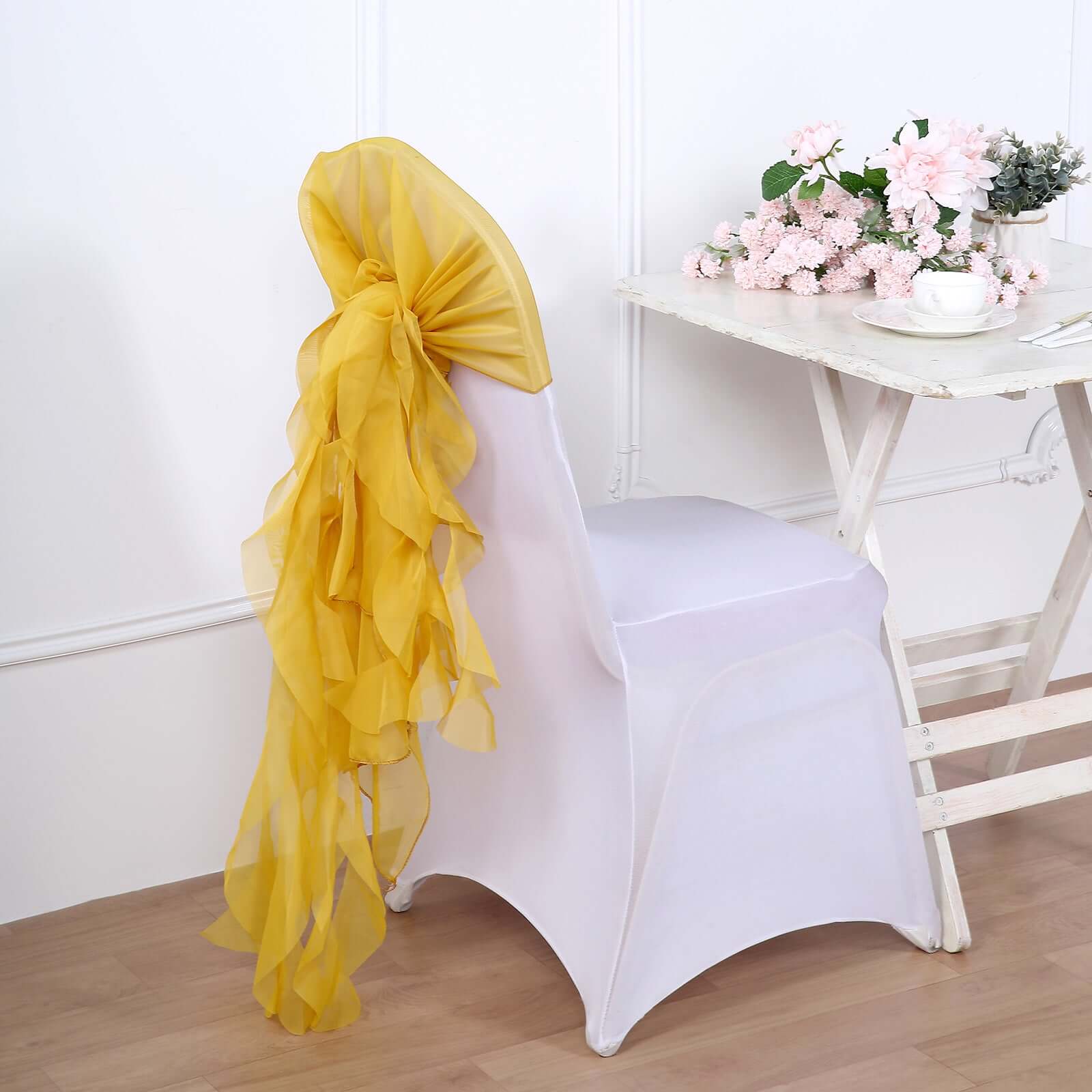 1 Set Chiffon Hoods Chair Sashes with Willow Ruffles Design Mustard Yellow - Stylish Chair Bow Decor