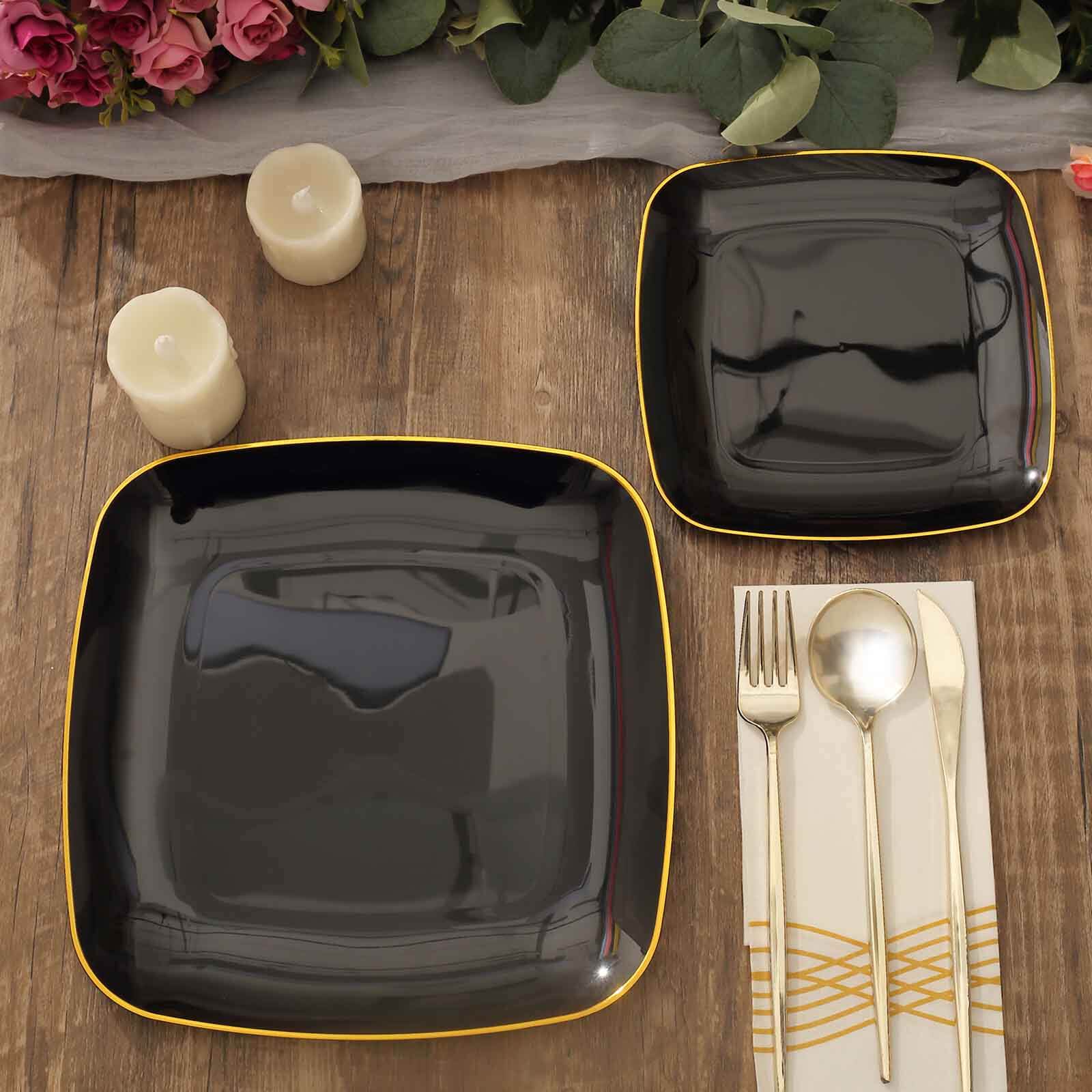 10-Pack Plastic 7 Square Dessert Plates in Black with Gold Rim - Classy Disposable Appetizer Salad Plates