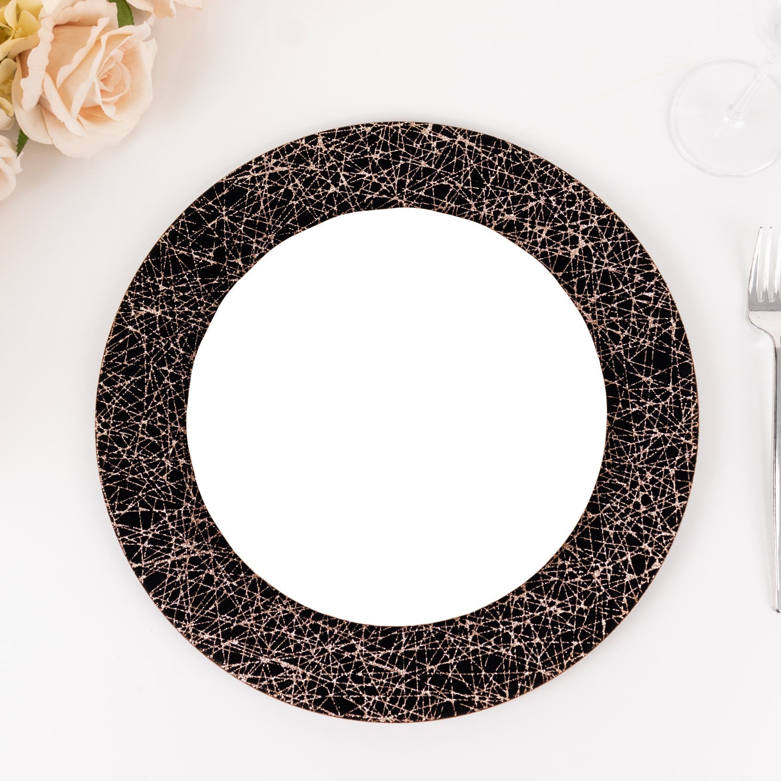 6-Pack Acrylic Round Charger Plates 13 in Black with Gold Glitter Abstract Lines Pattern, Decorative Dinner Party Charger Tableware