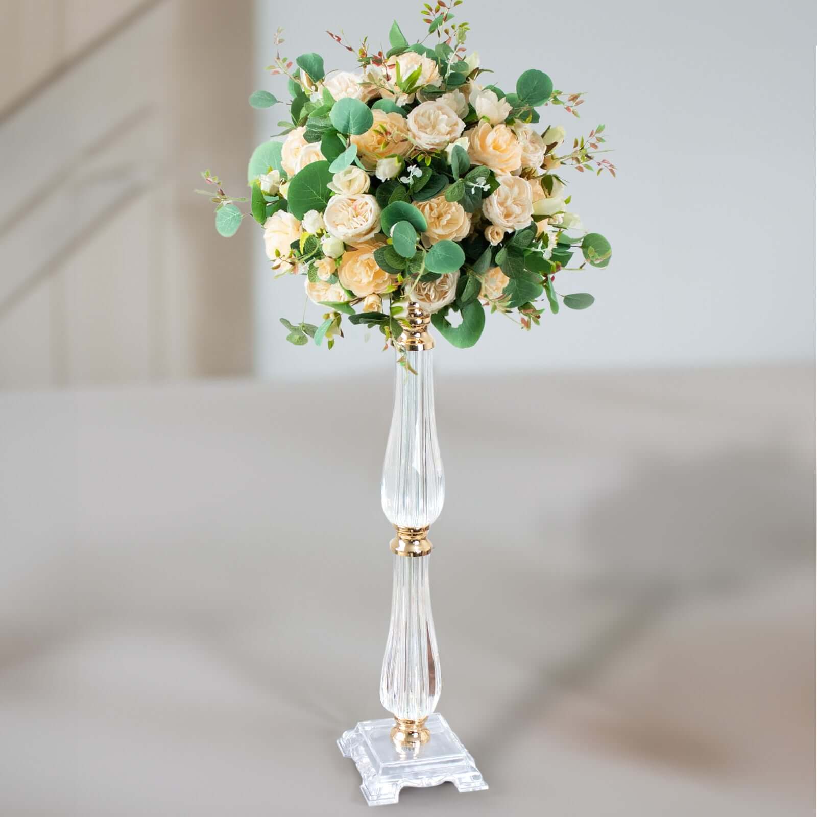 Acrylic Crystal Pillar Candle Stand Gold/Clear - Table Centerpiece and Wedding Flower Bowl Pedestal 24