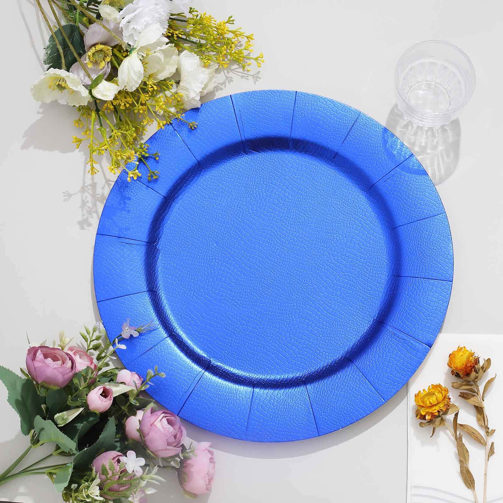 10-Pack Disposable Round Charger Plates in Royal Blue with Leathery Texture - Durable 1100GSM Cardboard Placemats 13