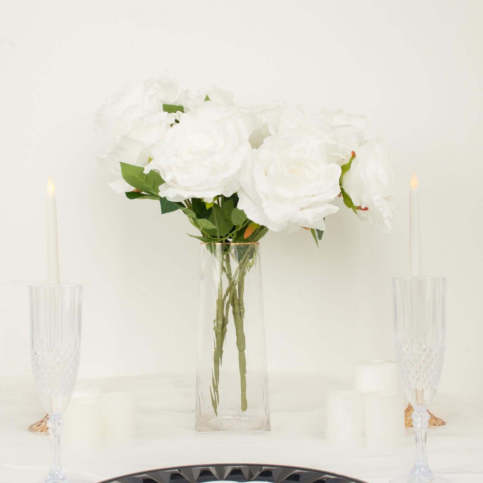 2 Bushes 17 White Premium Silk Jumbo Rose Flower Bouquet, High Quality Artificial Wedding Floral Arrangements