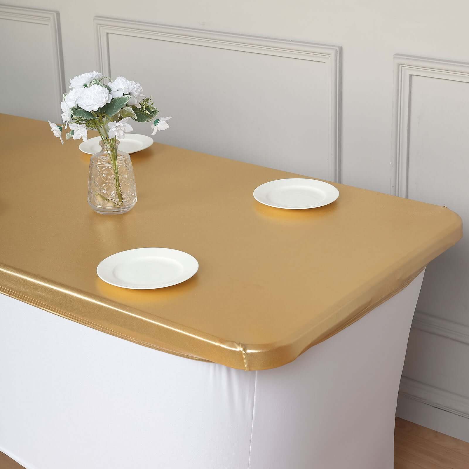 Stretch Spandex 72x30 Rectangle Table Top Cover Metallic Gold - Easy to Install Glamorous Fitted Table Topper Cap for Luxe Events