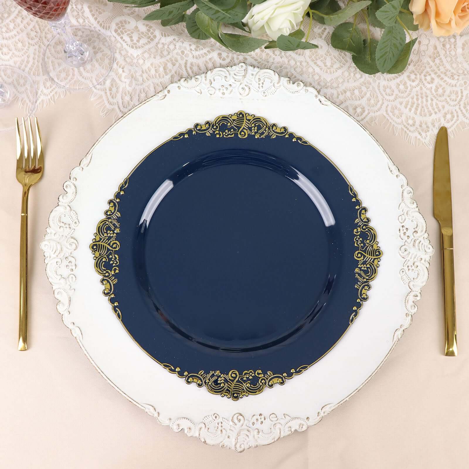 10-Pack Plastic 10 Round Dinner Plates in Navy Blue with Gold Leaf Embossed Rim - Disposable Vintage Baroque Style Plates