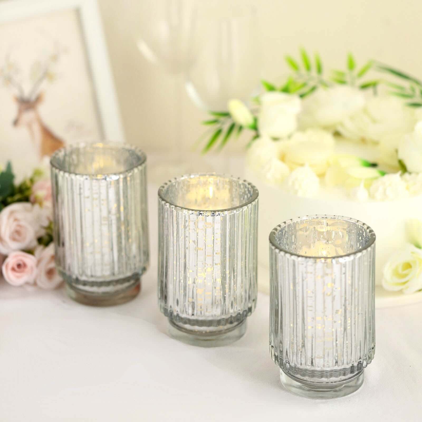 3-Pack Mercury Glass Hurricane Candle Holders Silver Wavy Column Design - Votive Pillar Vase 5