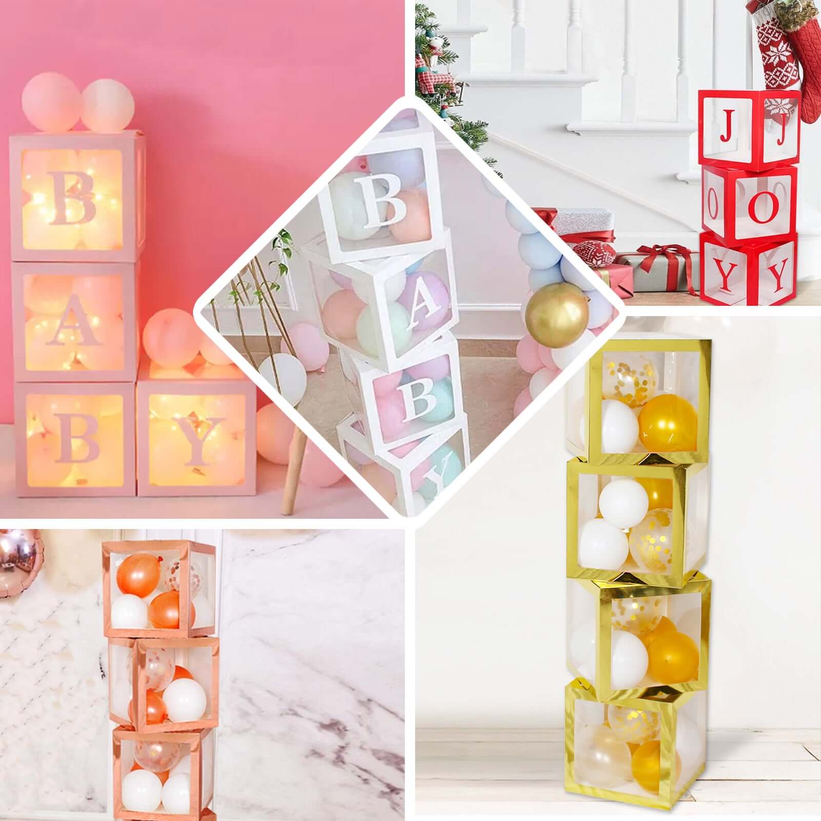 2 Pack 12 Metallic Gold Clear Baby Shower Party Decoration Boxes, Transparent DIY Balloon Boxes