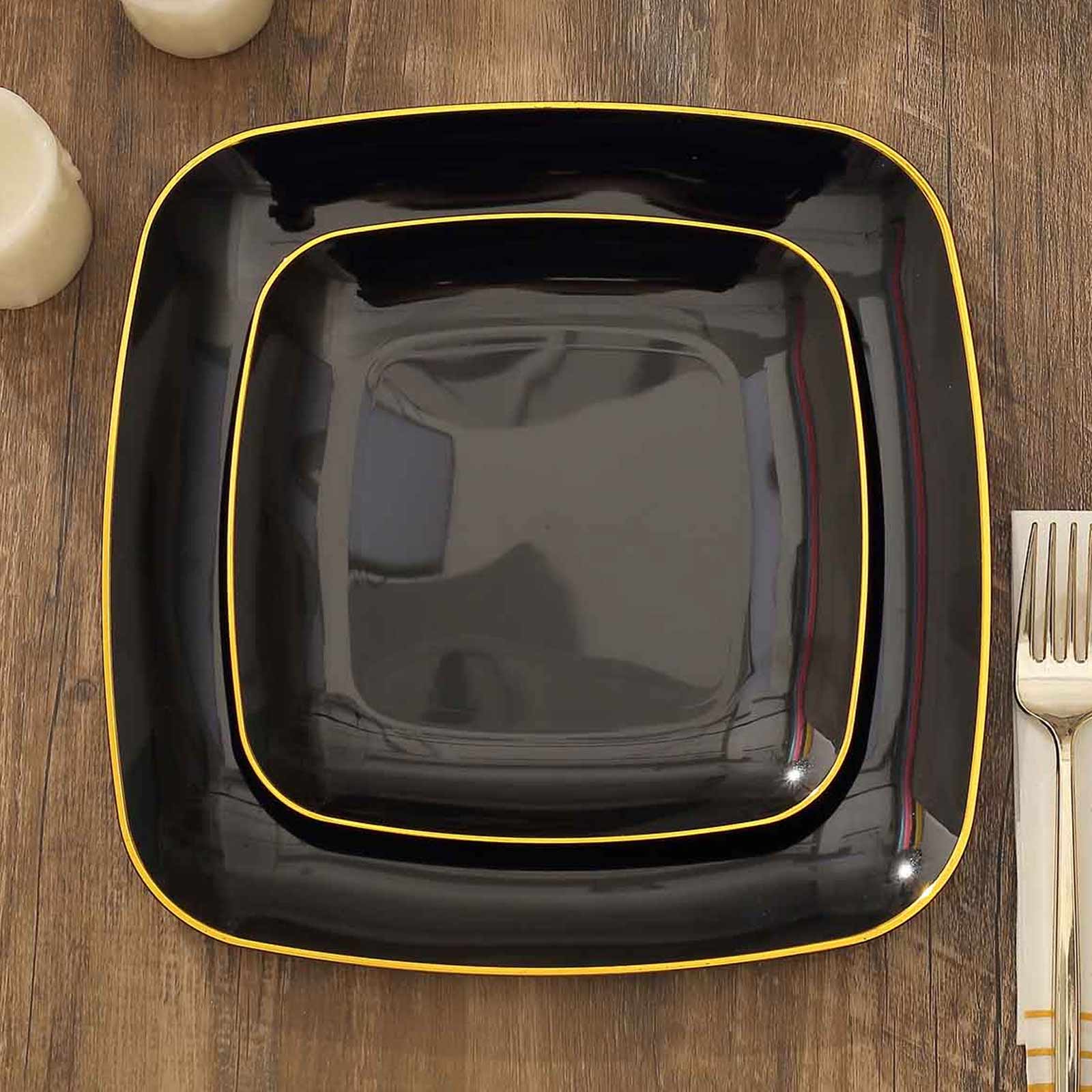 10-Pack Plastic 7 Square Dessert Plates in Black with Gold Rim - Classy Disposable Appetizer Salad Plates