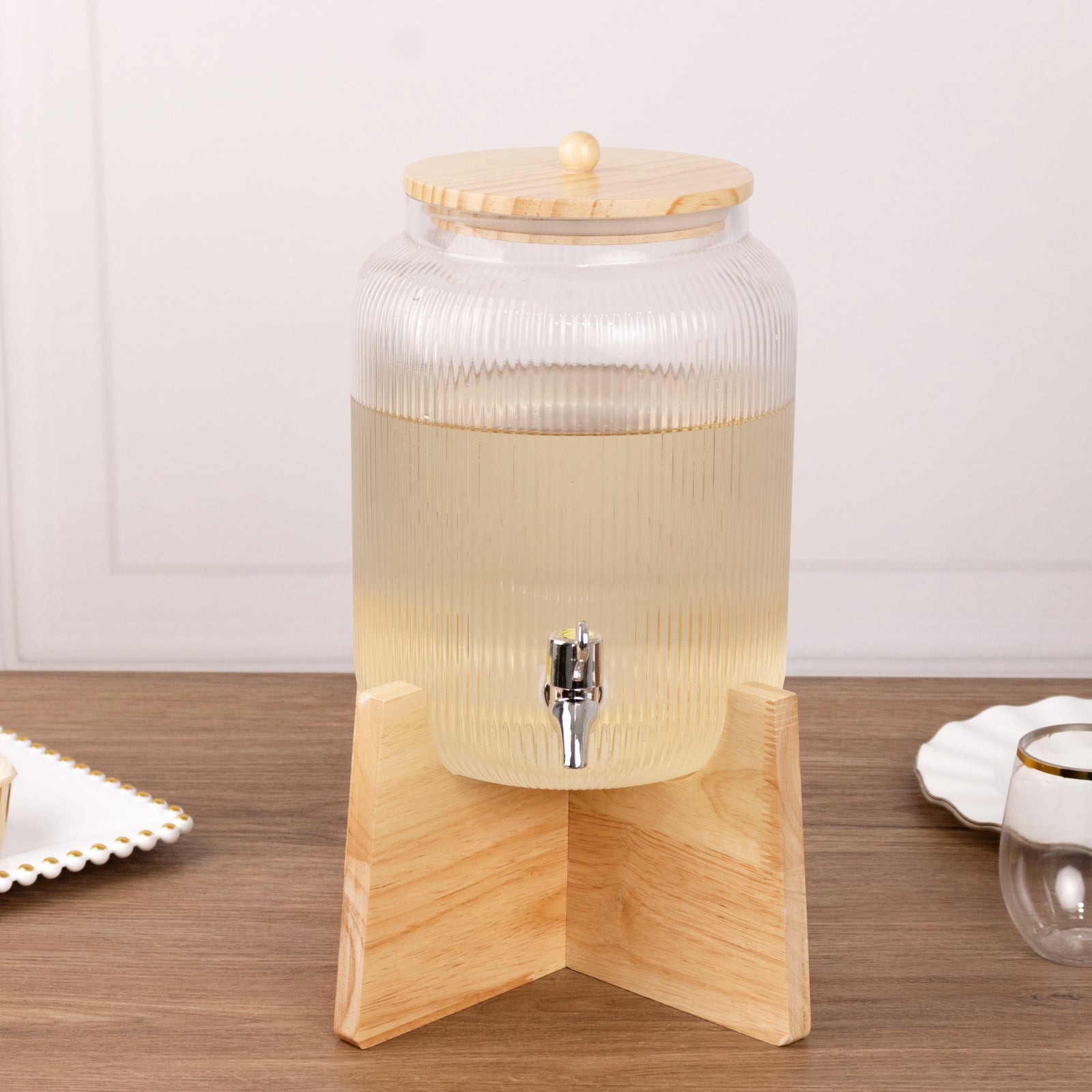 1 Gallon Clear Ribbed Glass Beverage Dispenser, Round Juice Jar with Wooden Stand and Lid - Lead-Free Countertop Feature 14