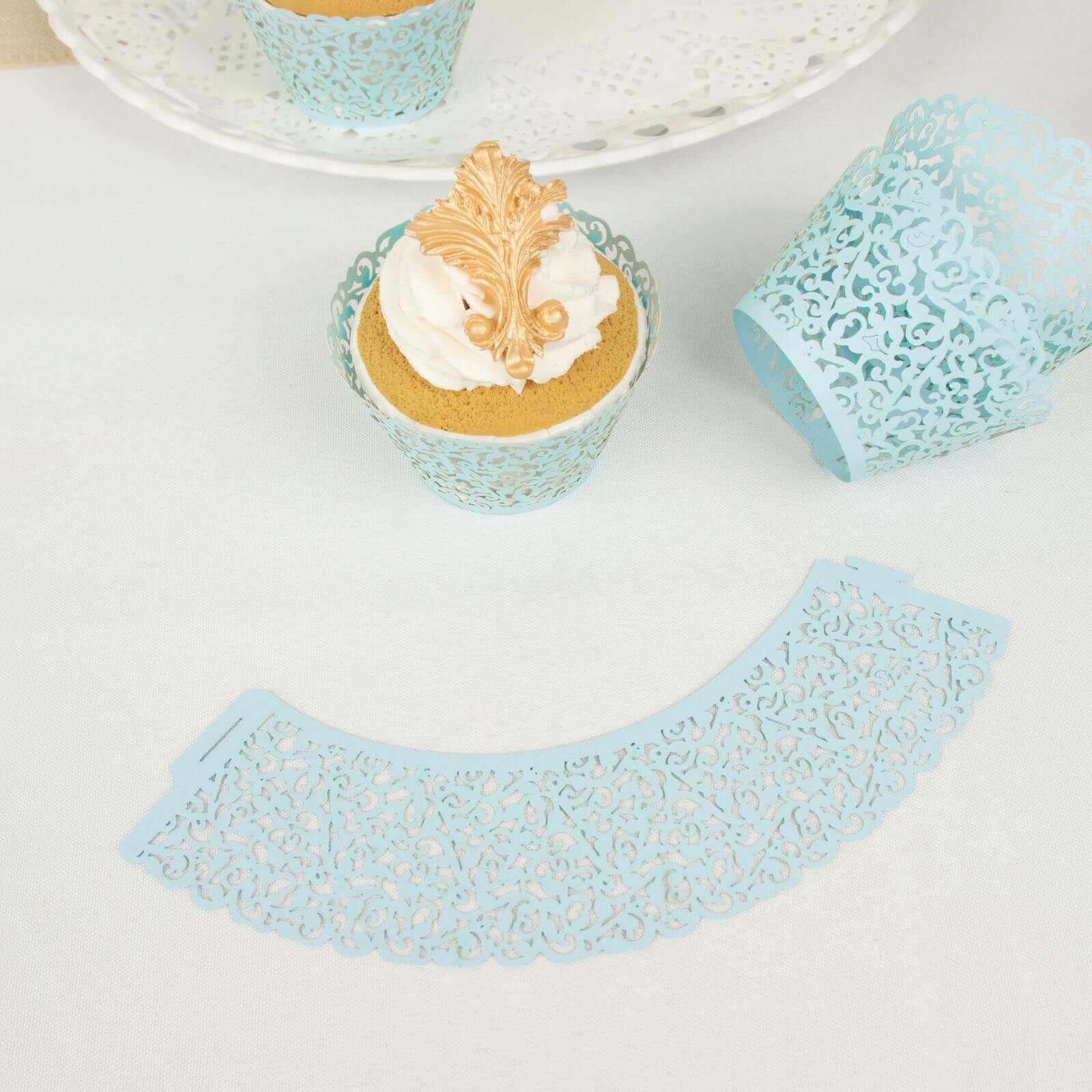 25-Pack Paper Cupcake Wrappers Lace Laser Cut Design Light Blue - Muffin Baking Cup Trays for Events