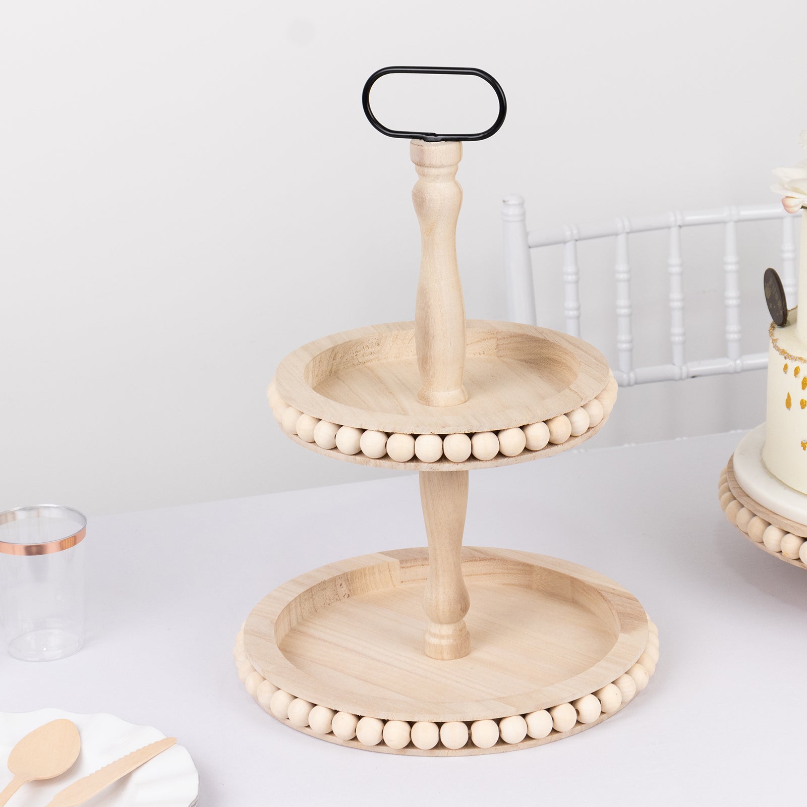 2-Tier Wooden Serving Tray Stand Beaded Design with Metal Handle Natural - Round Rustic Farmhouse Cupcake Display 17