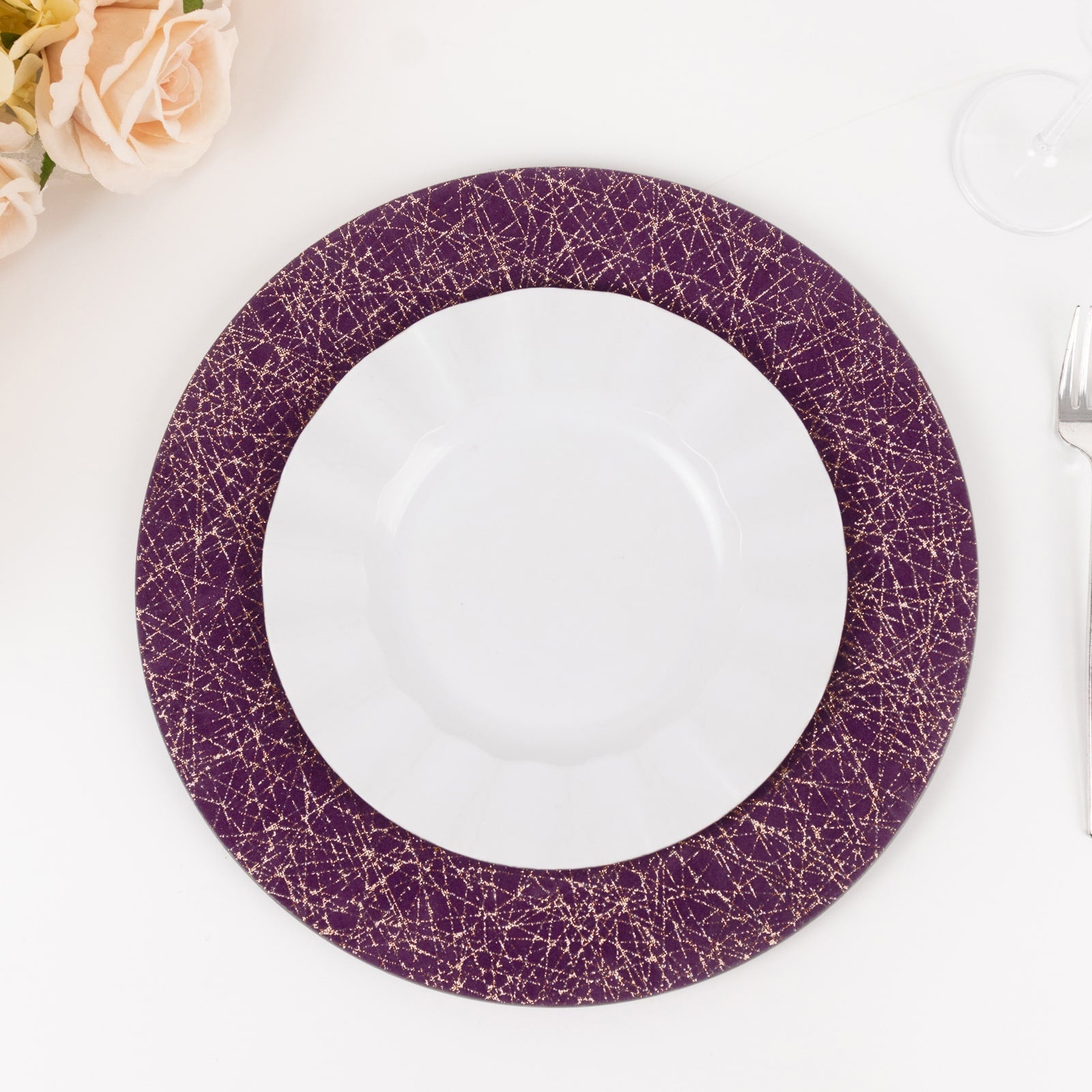 6-Pack Acrylic Round Charger Plates 13 in Purple with Gold Glitter Abstract Lines Pattern, Decorative Dinner Party Charger Tableware