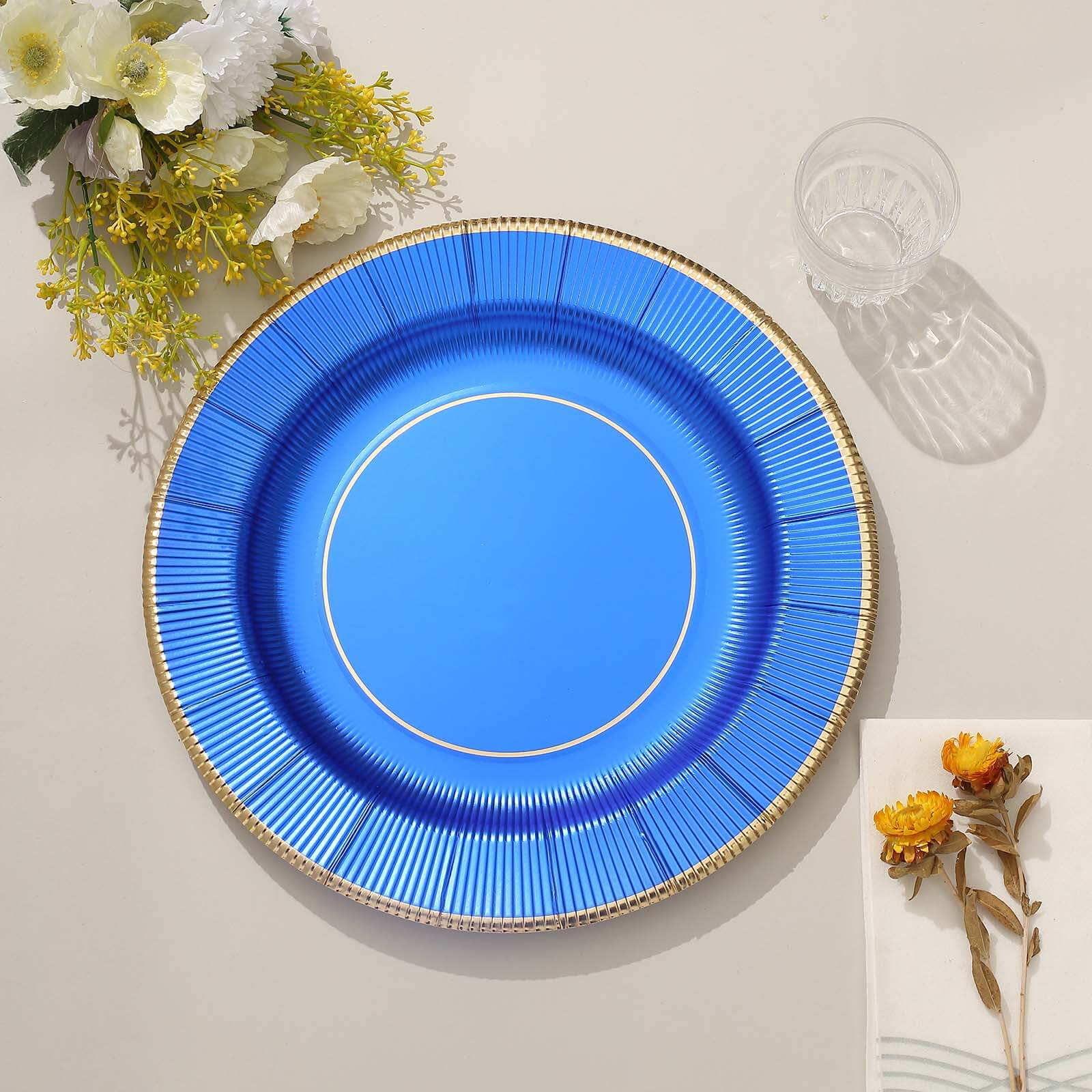 25-Pack Disposable Round Charger Plates in Royal Blue Sunray Design with Gold Rim - 350GSM Heavy Duty Paper Chargers 13