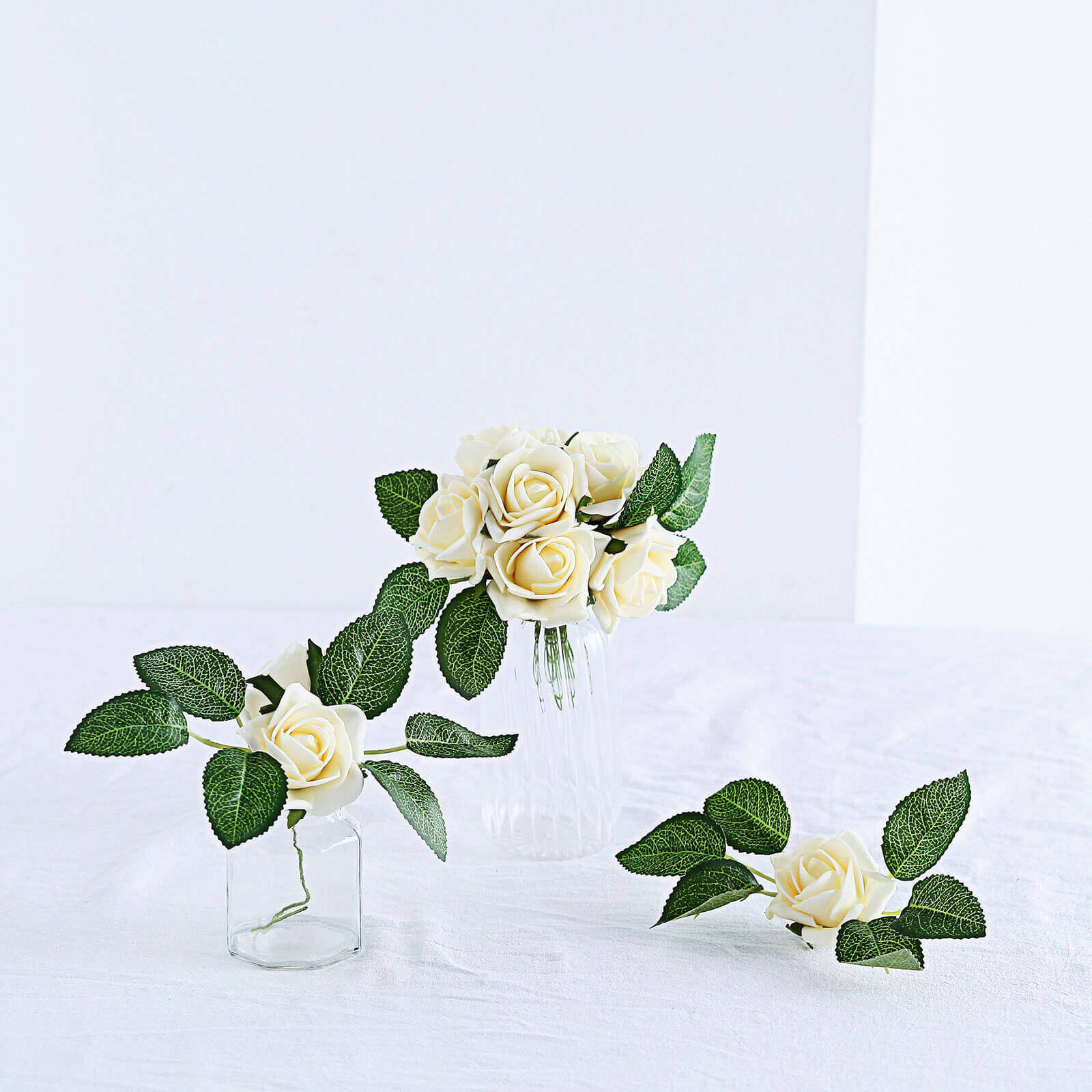 24 Roses 2 Cream Artificial Foam Flowers With Stem Wire and Leaves