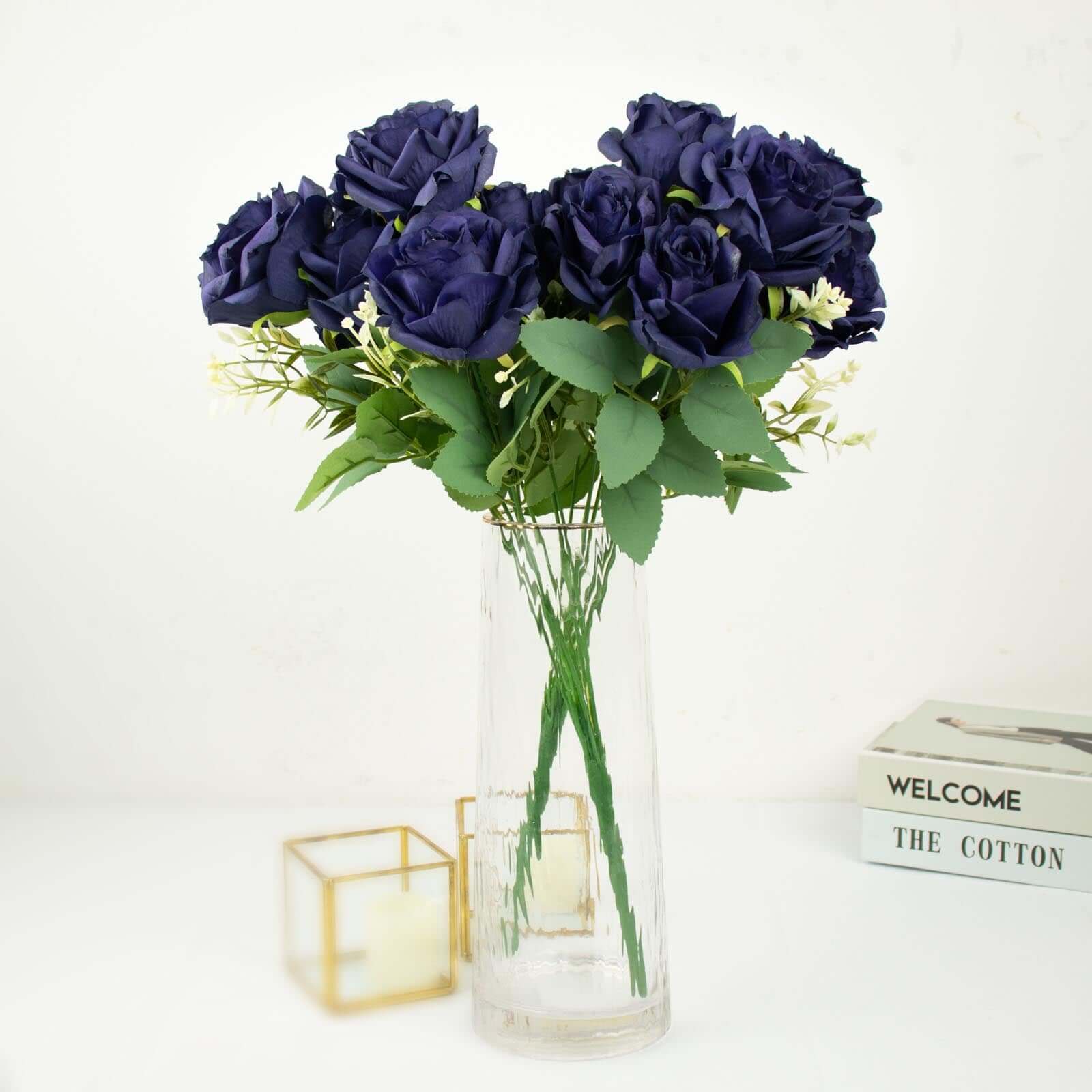 2 Bushes 18 Real Touch Navy Blue Artificial Rose Flower Bouquet, Silk Long Stem Flower Arrangements