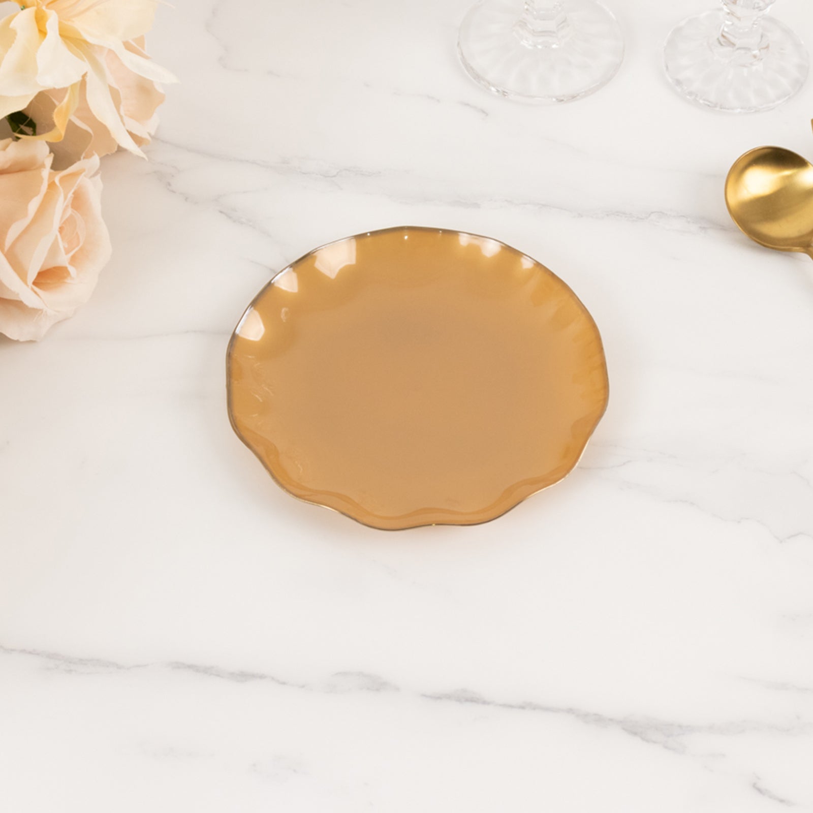 10-Pack Plastic Round 6 Dessert Plates in Gold with Ruffled Rim - Sturdy Disposable Salad Appetizer Dinnerware for Classy Events & Banquets