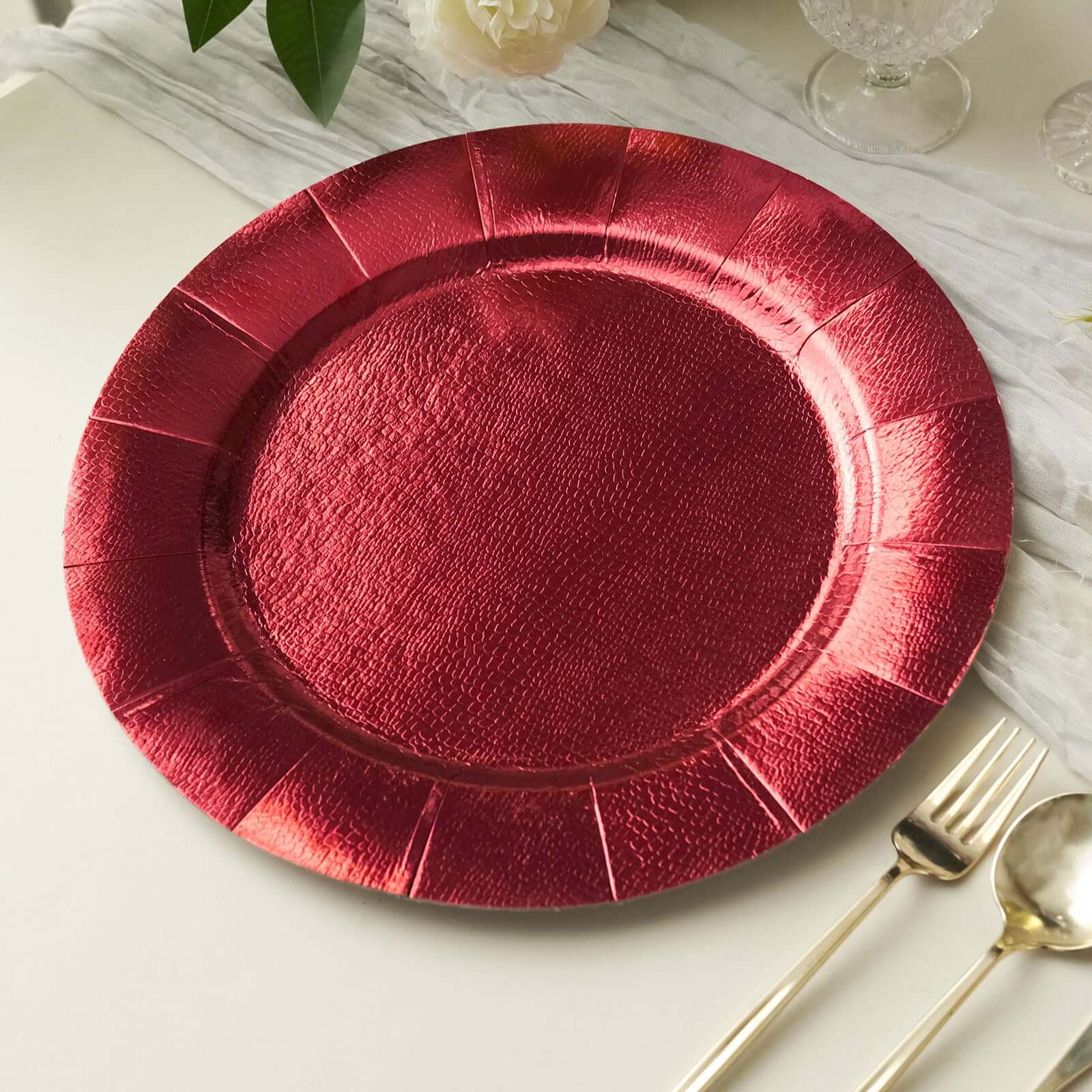 10-Pack Disposable Round Charger Plates in Red with Leathery Texture - Durable 1100GSM Cardboard Placemats 13