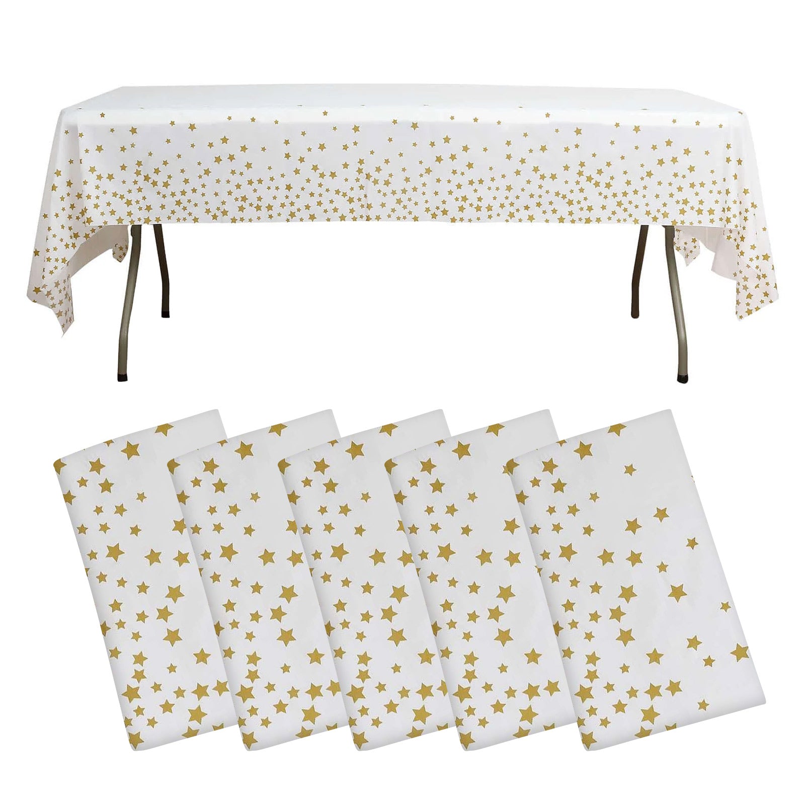 5-Pack Plastic Table Covers White Rectangle with Gold Stars - Decorative PVC Disposable Tablecloths 54x108