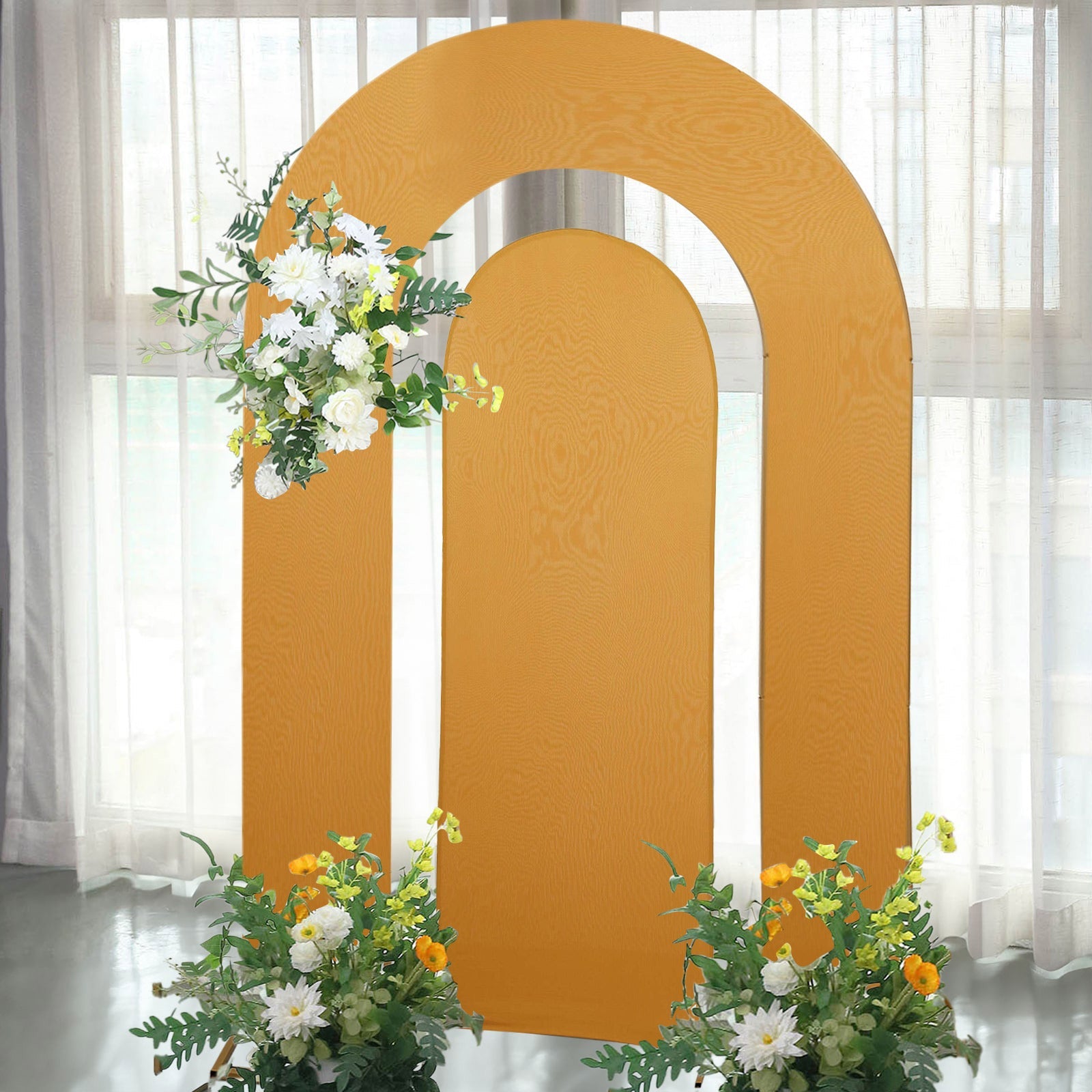 Set of 2 Gold Spandex Fitted Wedding Arch Covers for Round Top and Double Arch Chiara Backdrop Stands - 6ft,8ft