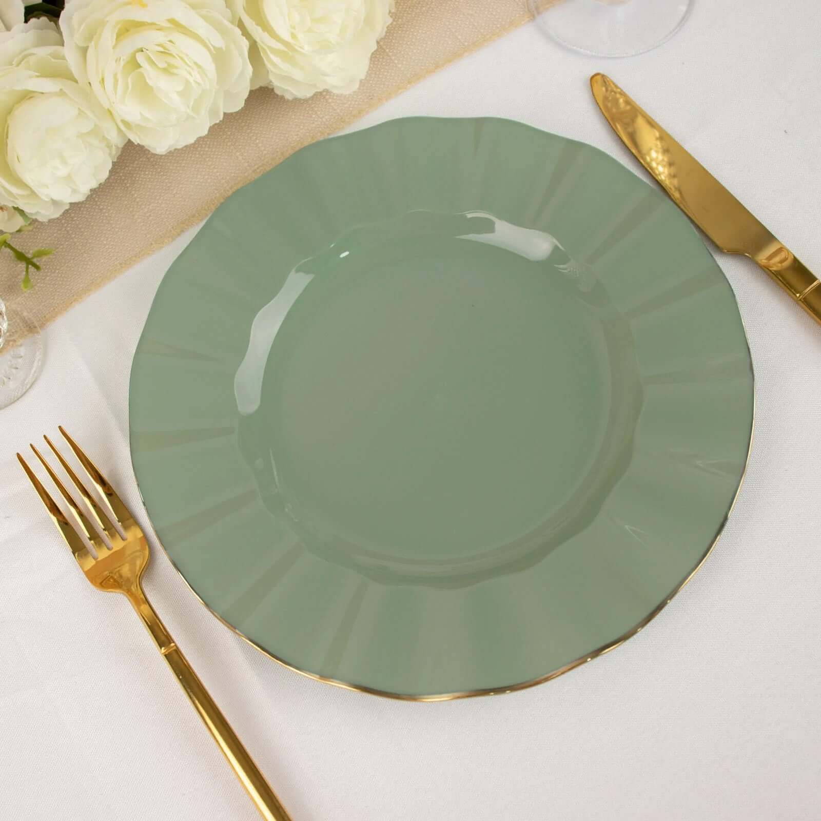 10-Pack Plastic 9 Round Dinner Plates in Dusty Sage Green Ruffled Rim with Gold Edging - Sturdy Disposable Dinnerware