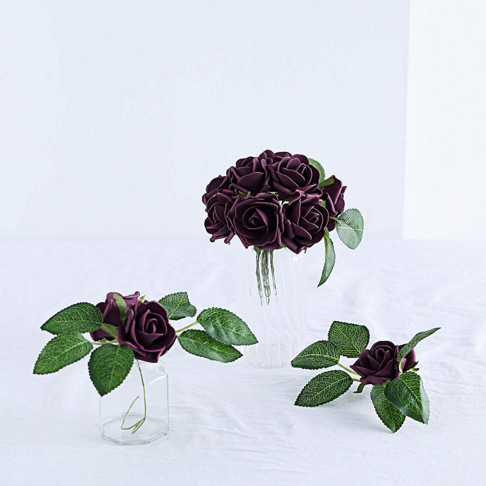 24 Roses 2 Eggplant Artificial Foam Flowers With Stem Wire and Leaves