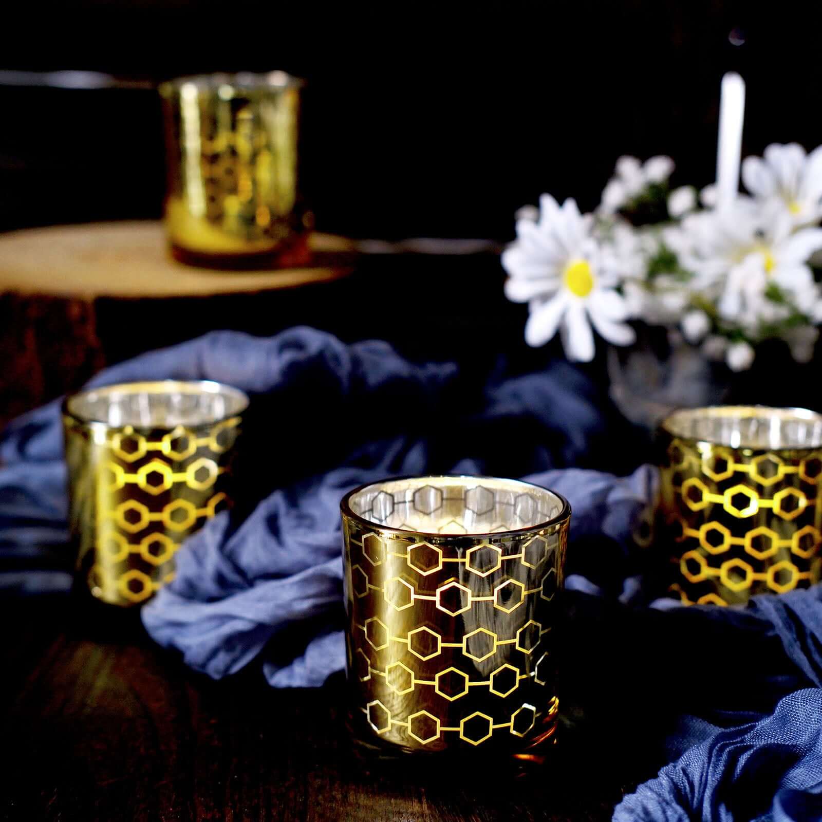 6-Pack Mercury Glass Candle Holders Gold with Honeycomb Design - Votive Candle Containers 3