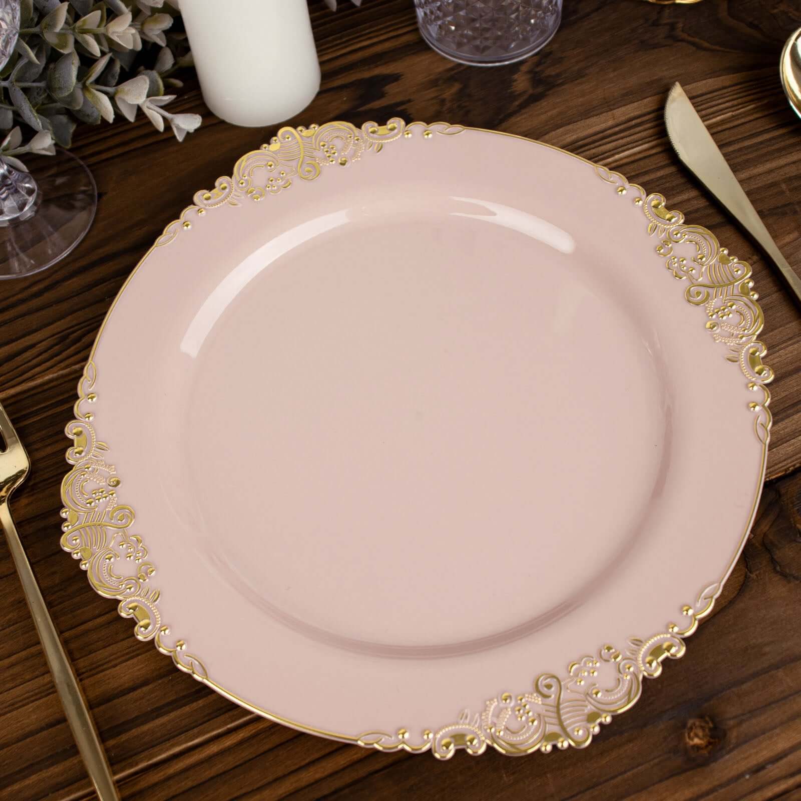 10-Pack Plastic 10 Round Dinner Plates in Blush with Gold Leaf Embossed Rim - Disposable Vintage Baroque Style Plates