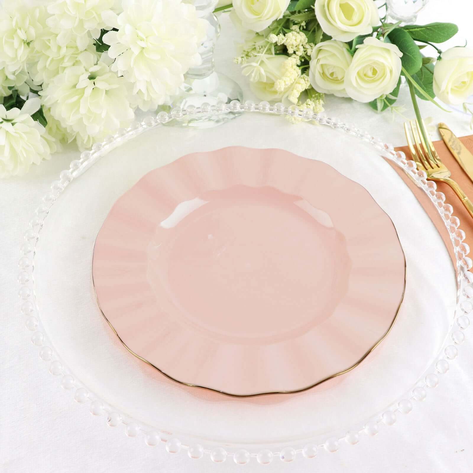 10-Pack Plastic 9 Round Dinner Plates in Blush Ruffled Rim with Gold Edging - Sturdy Disposable Dinnerware