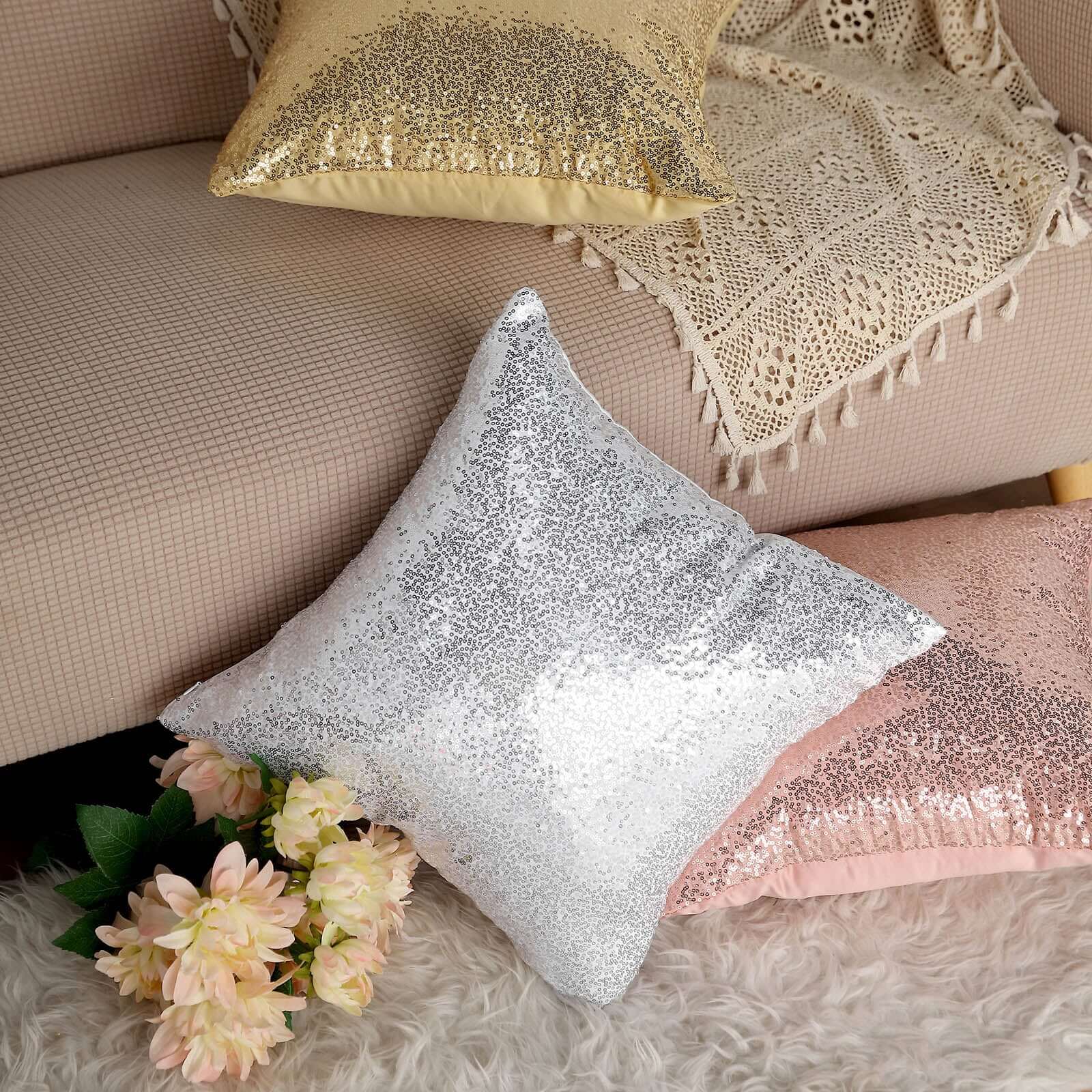 2 Pack 18 Silver Sequin Decorative Square Throw Pillow Cover