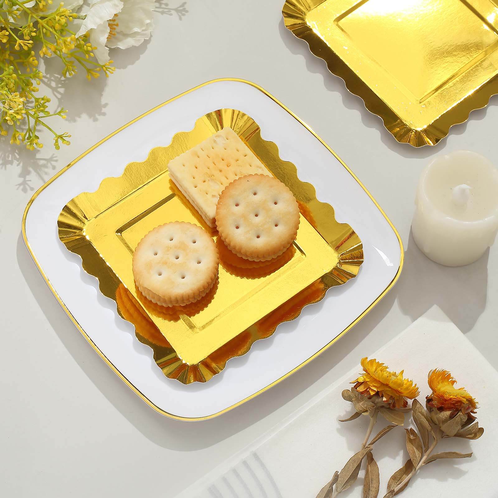 50-Pack Paper 5 Square Dessert Plates in Gold Foil with Scalloped Rim - Disposable Appetizer Plates for for Glam Gatherings & Special Occasions