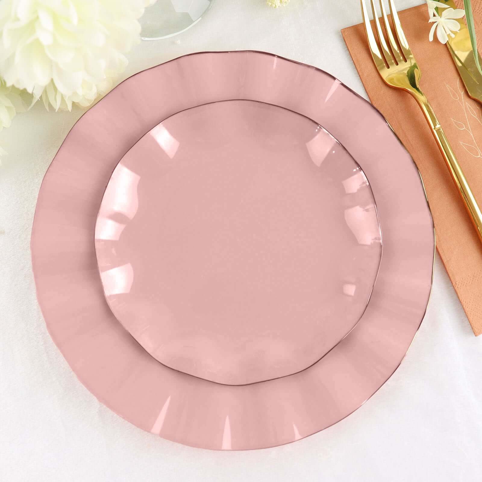 10-Pack Plastic Round 6 Dessert Plates in Dusty Rose Ruffled Rim with Gold Edging - Sturdy Disposable Salad Appetizer Dinnerware