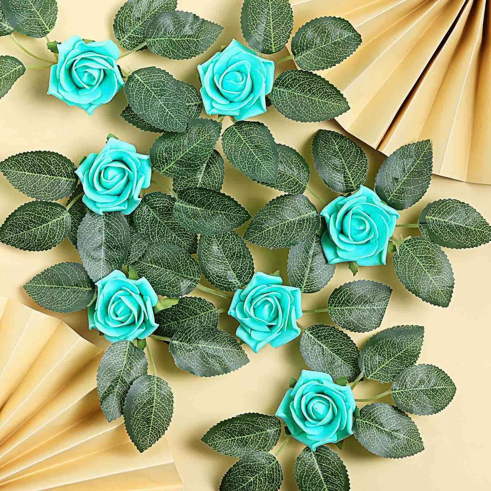 24 Roses 2 Turquoise Artificial Foam Flowers With Stem Wire and Leaves
