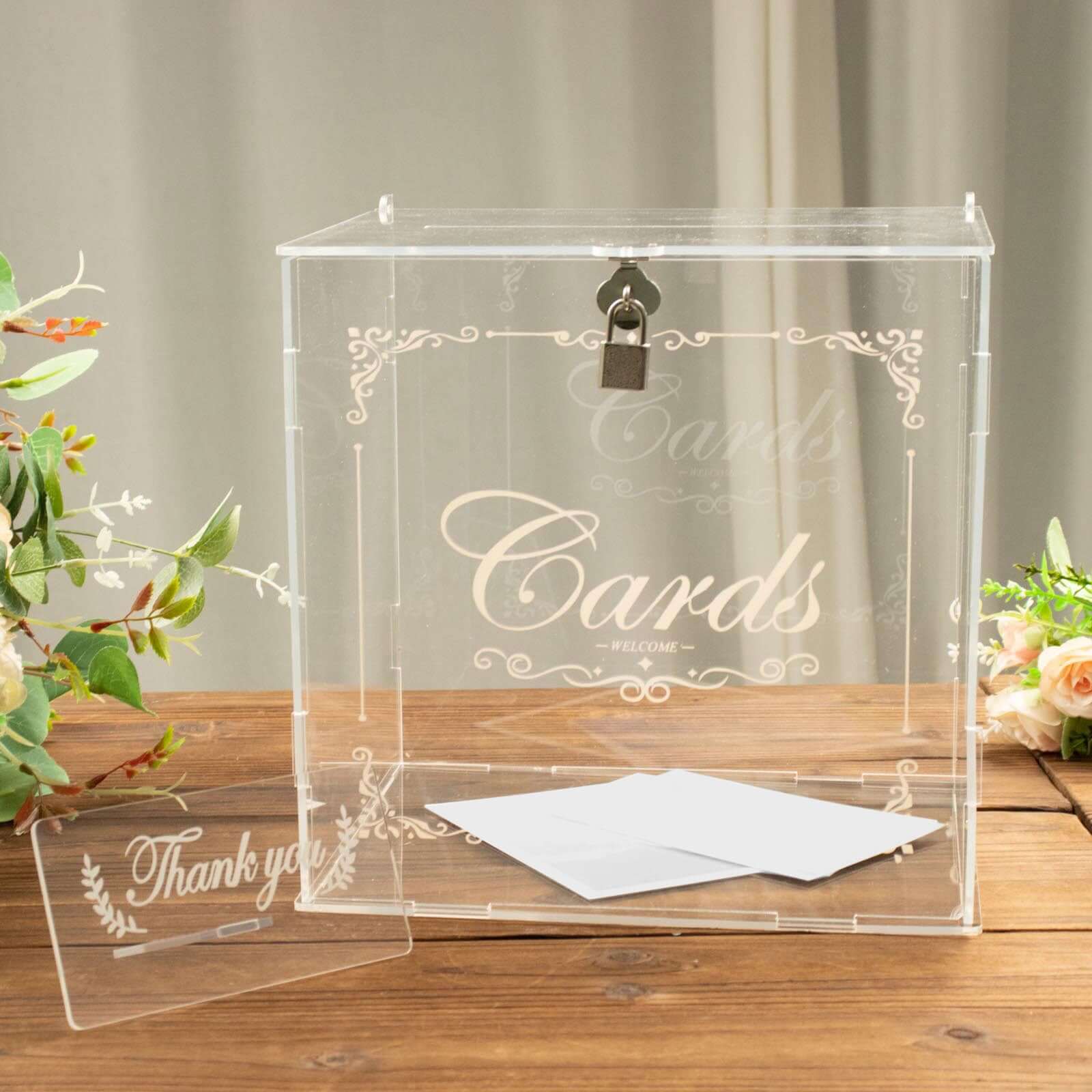 Clear Acrylic Wedding Card Box With Lock, Key & Thank You Sign Stand, Reception Party Money Gift Card Box