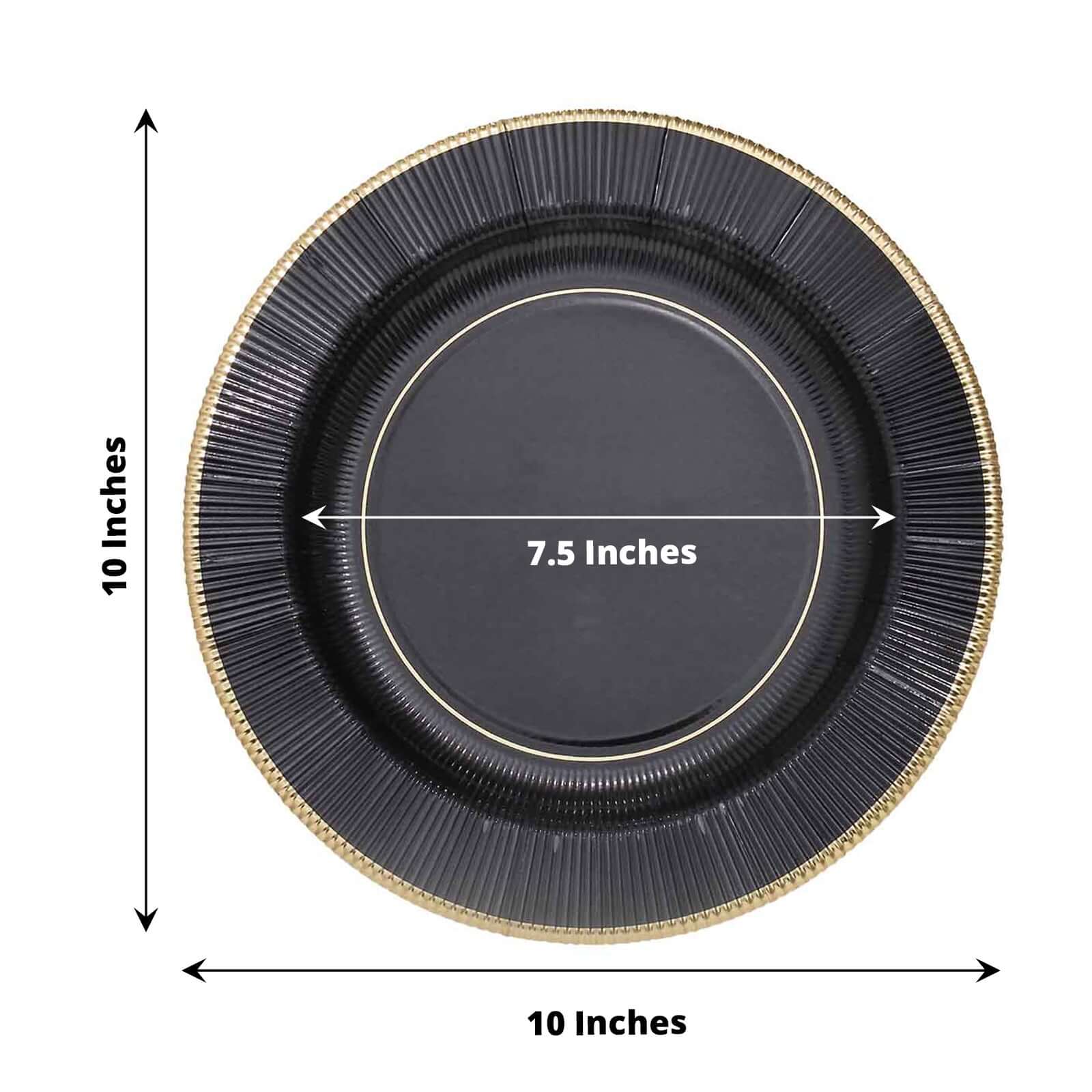 25-Pack Paper 10 Round Dinner Plates in Black Sunray Design with Gold Rim - Disposable Heavy Duty 350GSM Party Plates for Banquets & Celebrations